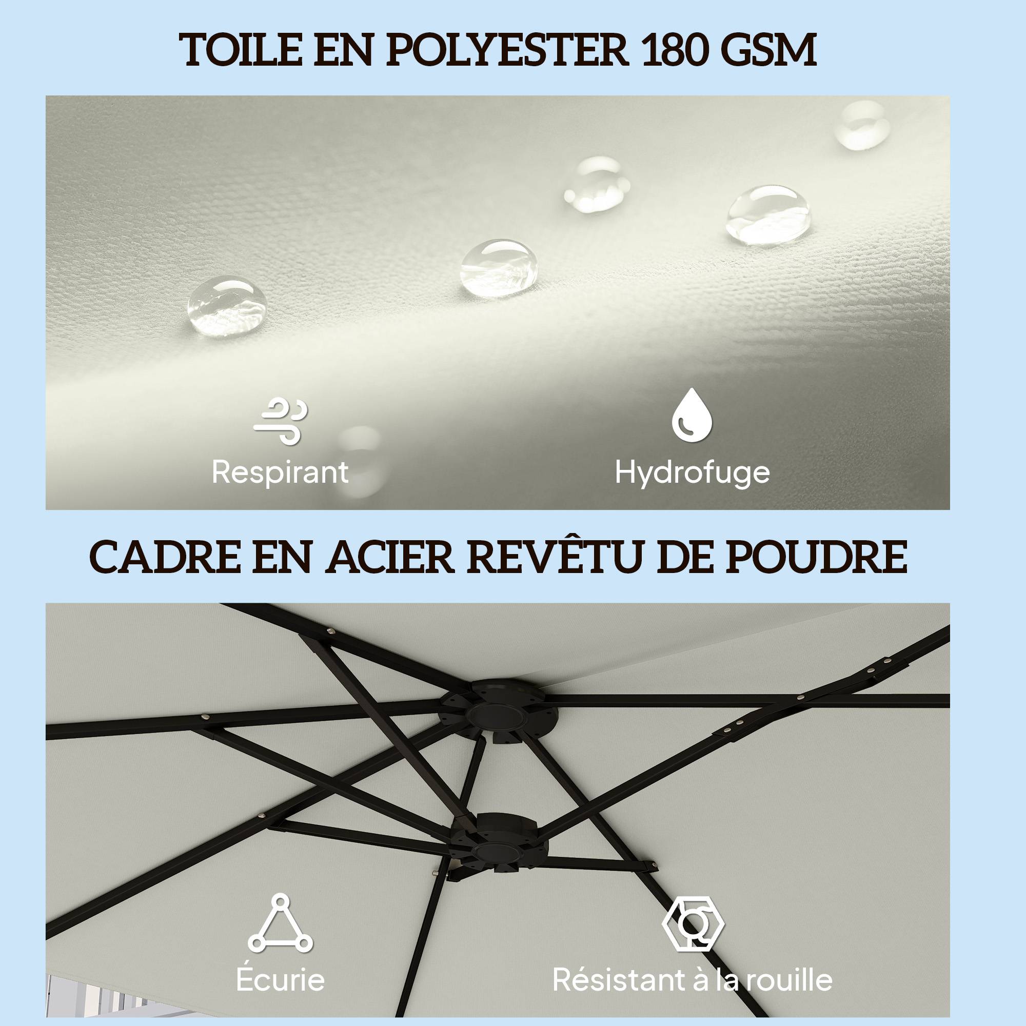 Grand parasol double en polyester ouverture manivelle et housse protection 459x266cm crème - ComfortXL Outdoor Living - Image 8