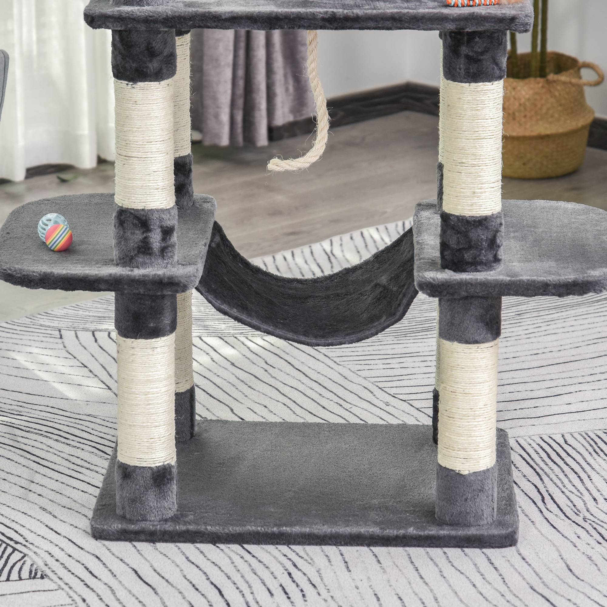 Arbre à chat multi-niveaux avec hamac et niche griffoir en sisal 144 cm Gris Foncé - ComfortXL Outdoor Living - Image 8