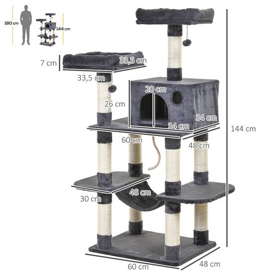 Arbre à chat multi-niveaux avec hamac et niche griffoir en sisal 144 cm Gris Foncé - ComfortXL Outdoor Living - Image 3