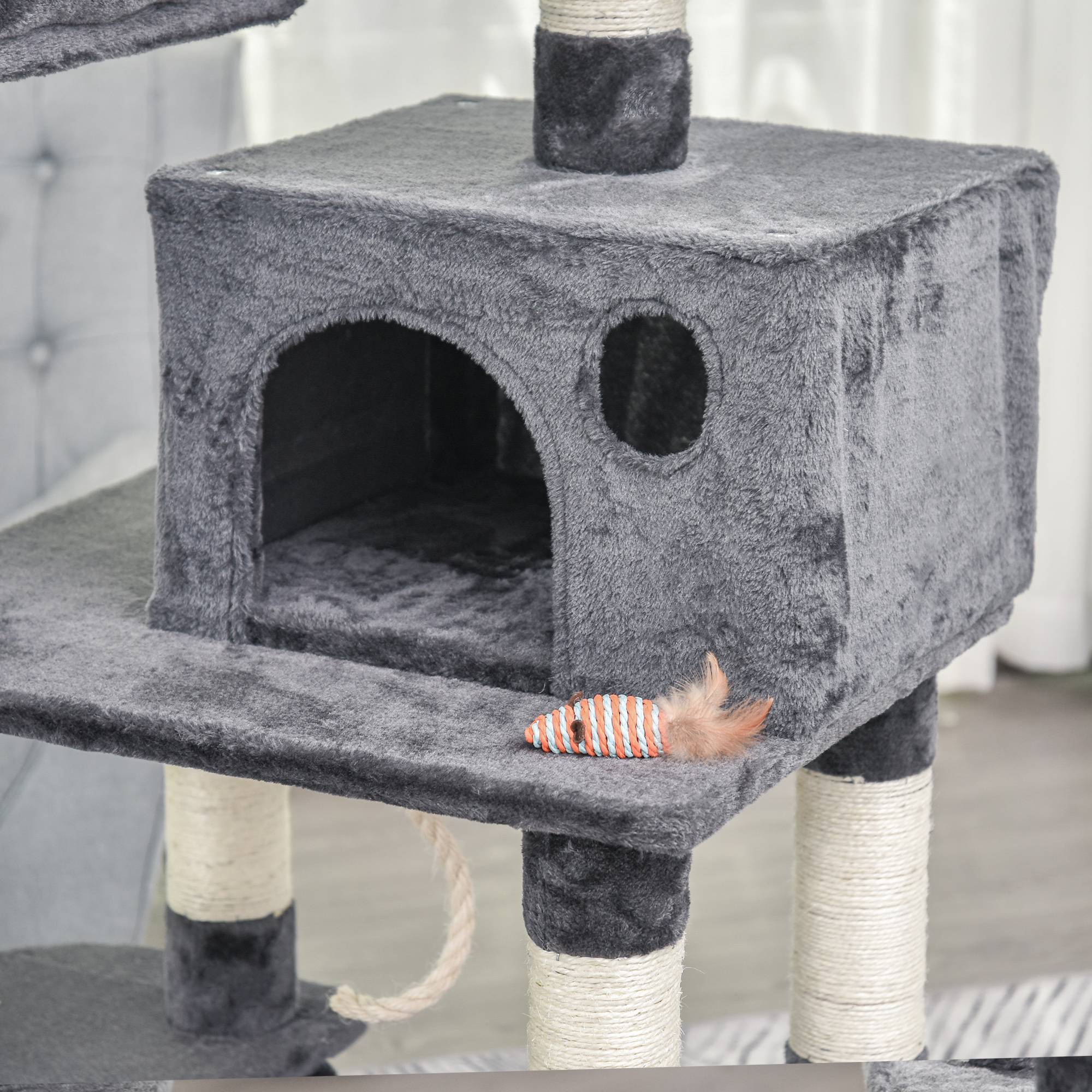Arbre à chat multi-niveaux avec hamac et niche griffoir en sisal 144 cm Gris Foncé - ComfortXL Outdoor Living - Image 7