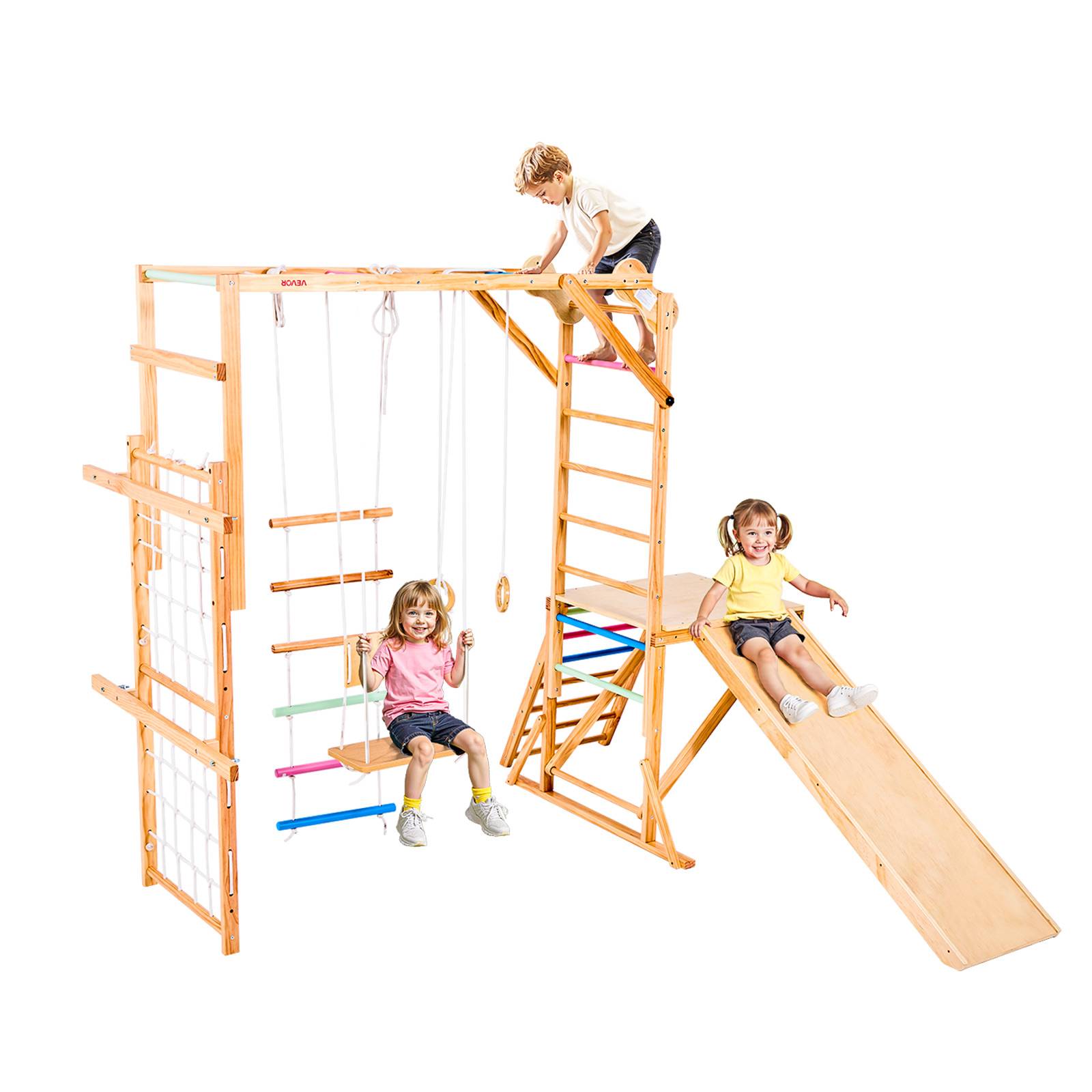 Vevor - VEVOR Aire de jeux intérieure en bois 8-en-1, toboggan extensible, balançoire, barre de singe, anneaux, échelles bois/corde, filet d'escalade. - Image 1