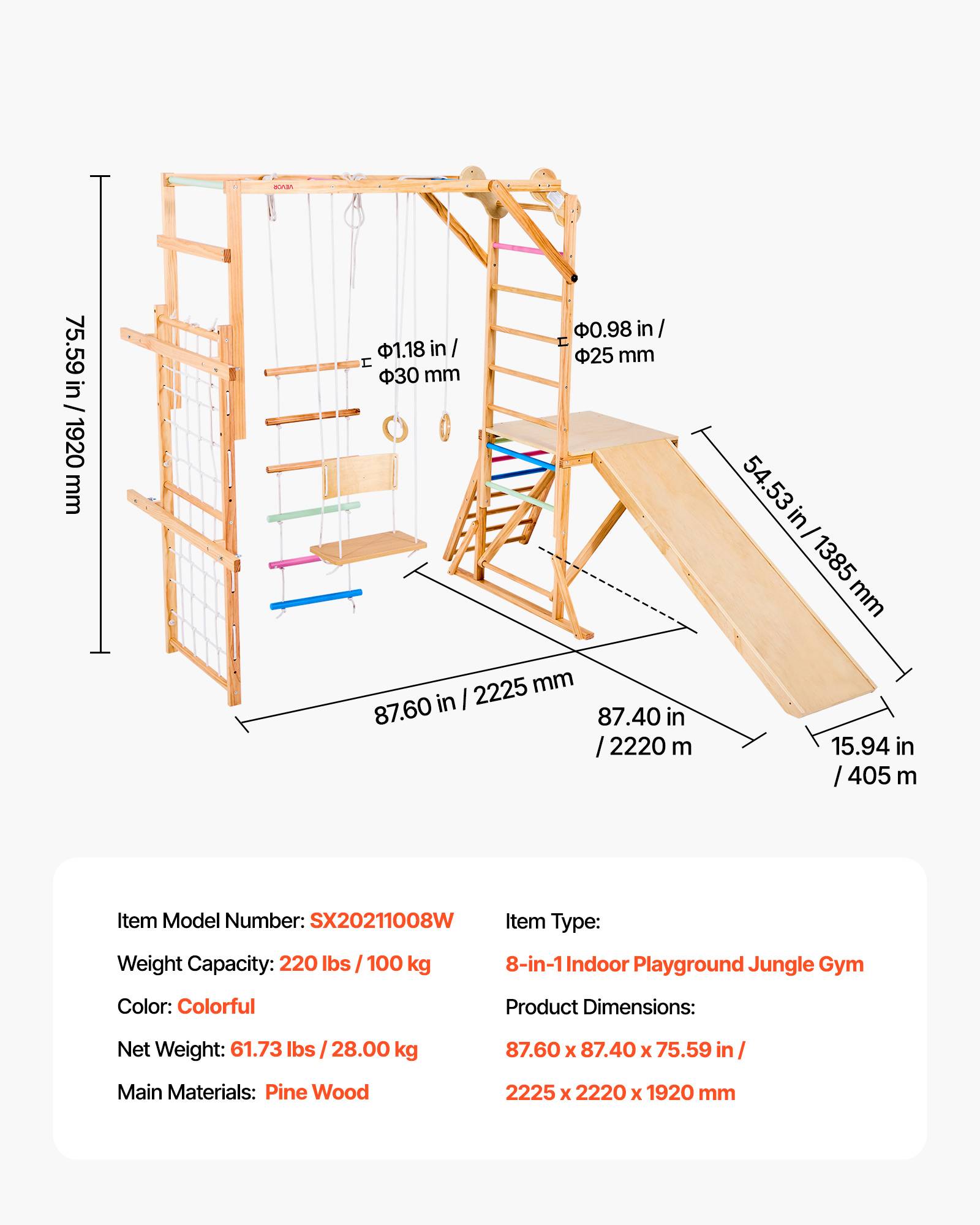 Vevor - VEVOR Aire de jeux intérieure en bois 8-en-1, toboggan extensible, balançoire, barre de singe, anneaux, échelles bois/corde, filet d'escalade. - Image 6