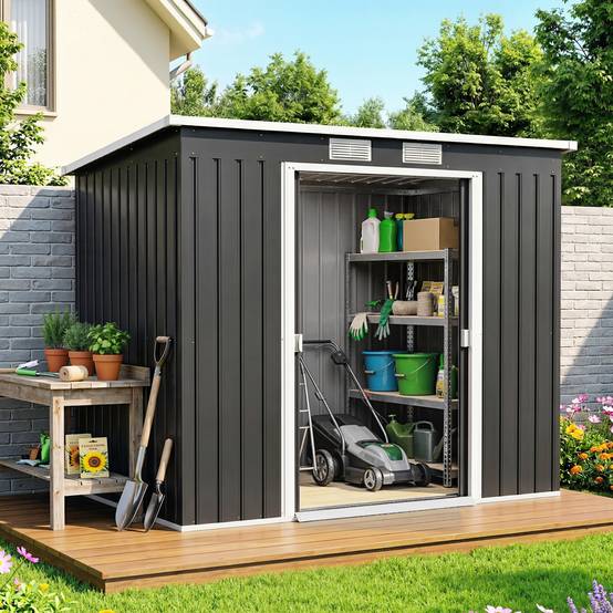 Abri de jardin acier rangement outils extérieur toit incliné porte coulissante gris foncé - ComfortXL Outdoor Living - Image 7