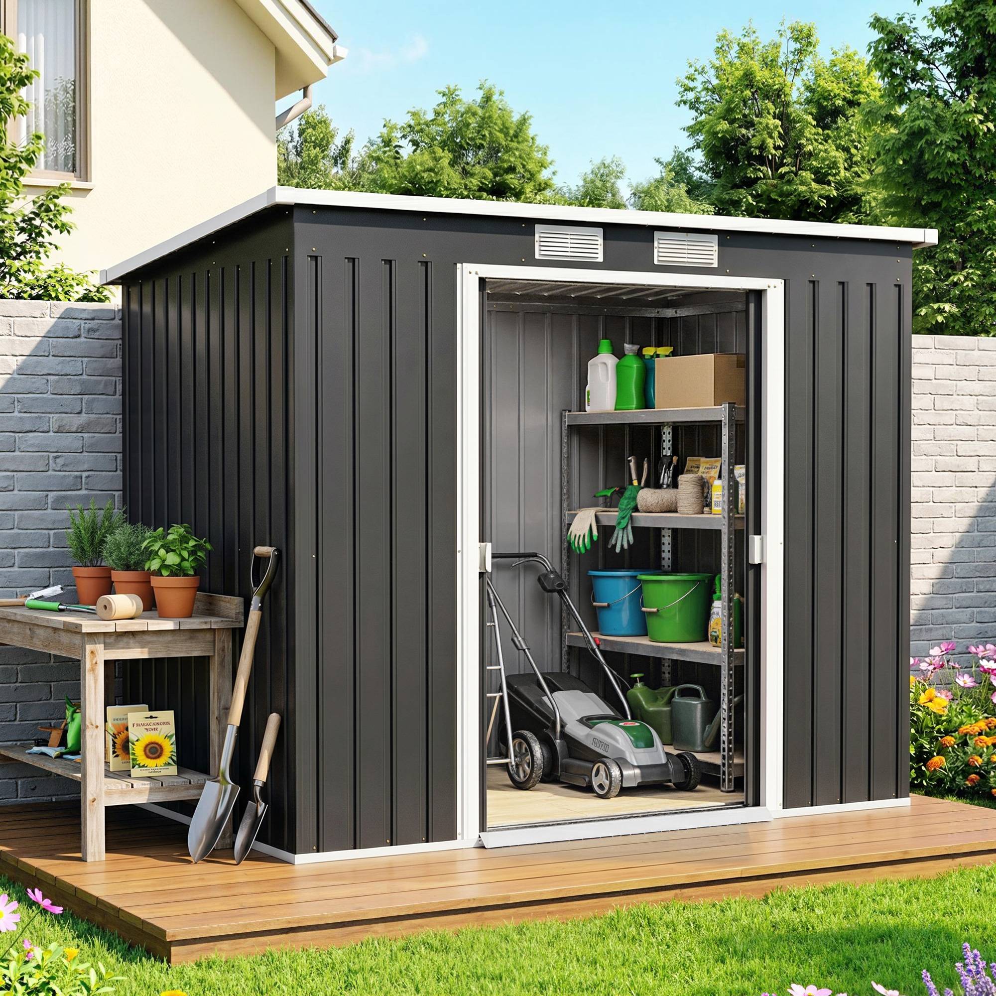 Abri de jardin acier rangement outils extérieur toit incliné porte coulissante gris foncé - ComfortXL Outdoor Living - Image 7