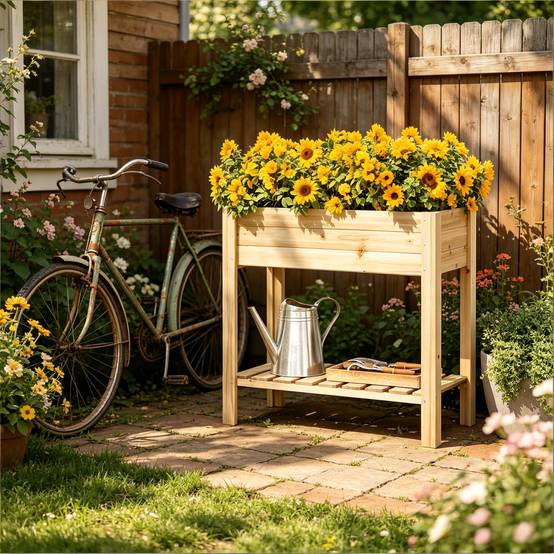 Carré potager surélevé bois sapin balcon terrasse avec étagère 80x40x75cm naturel - ComfortXL Outdoor Living - Image 2
