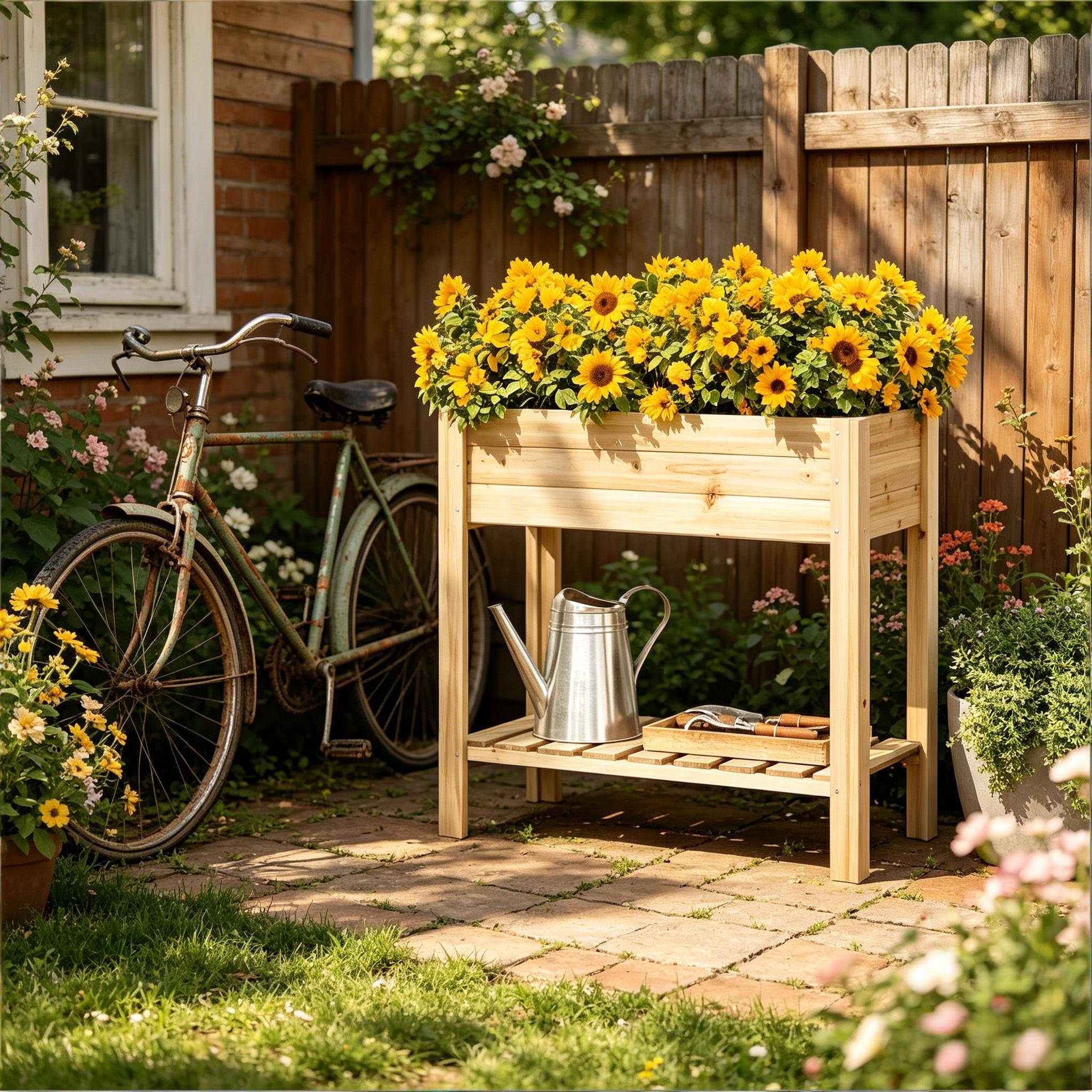 Carré potager surélevé bois sapin balcon terrasse avec étagère 80x40x75cm naturel - ComfortXL Outdoor Living - Image 2