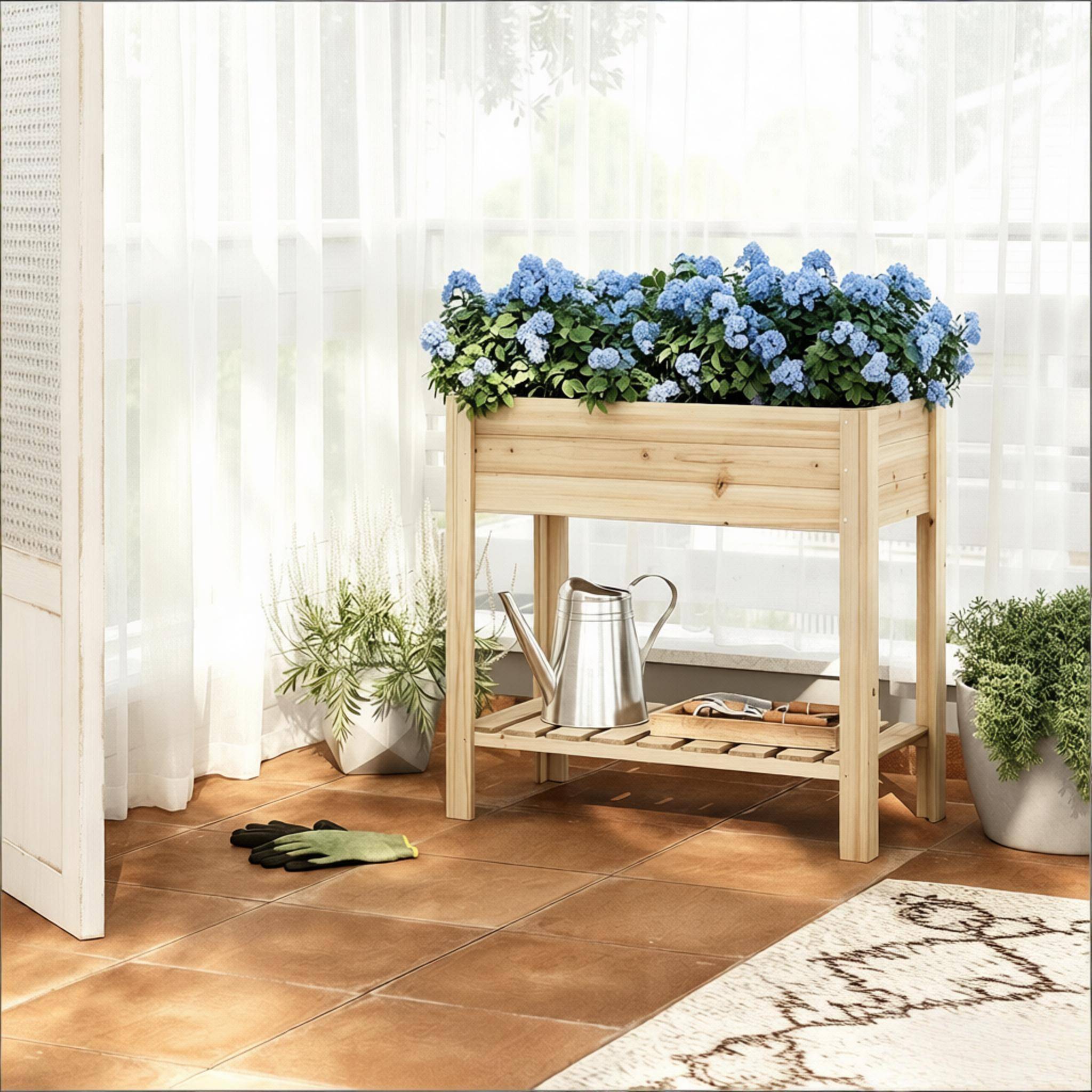 Carré potager surélevé bois sapin balcon terrasse avec étagère 80x40x75cm naturel - ComfortXL Outdoor Living - Image 1