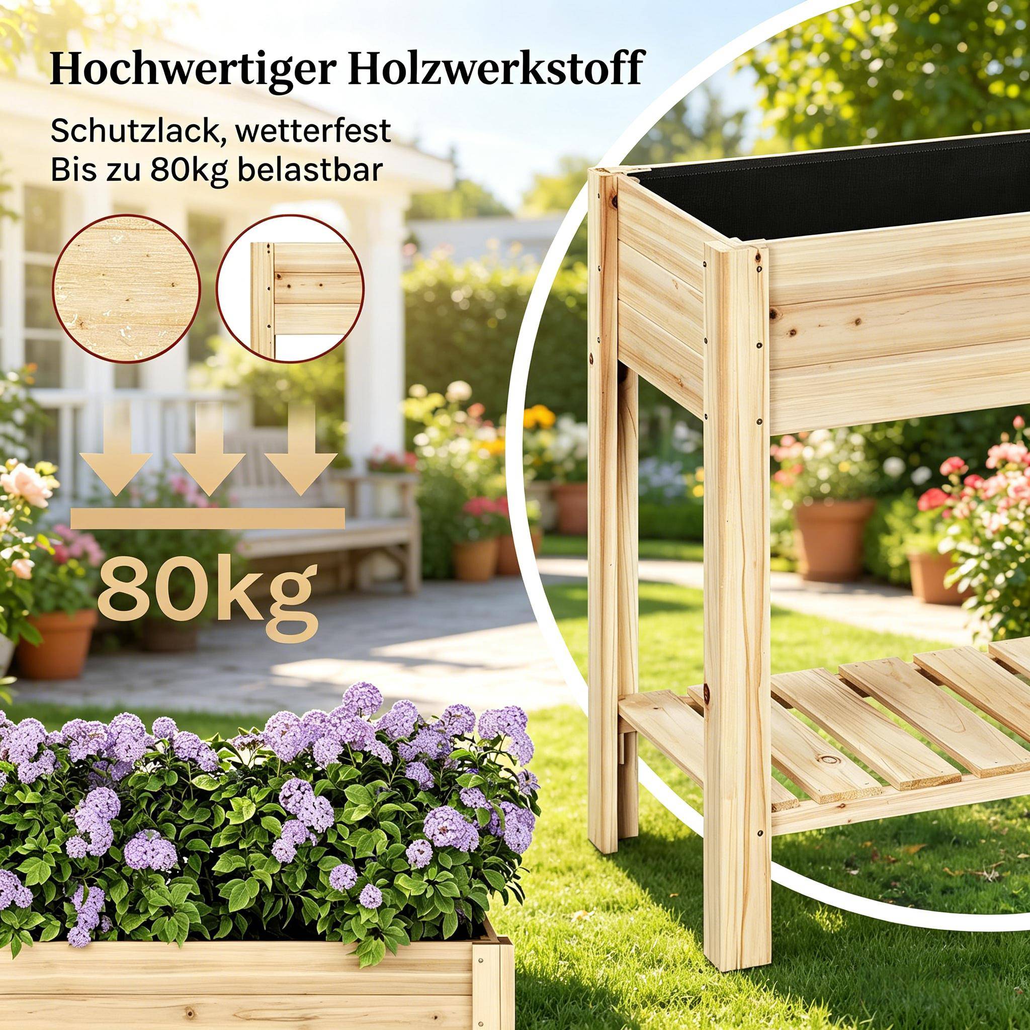 Carré potager surélevé bois sapin balcon terrasse avec étagère 80x40x75cm naturel - ComfortXL Outdoor Living - Image 5