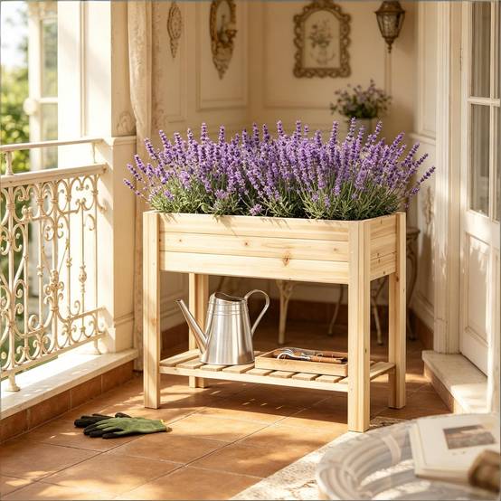 Carré potager surélevé bois sapin balcon terrasse avec étagère 80x40x75cm naturel - ComfortXL Outdoor Living - Image 4
