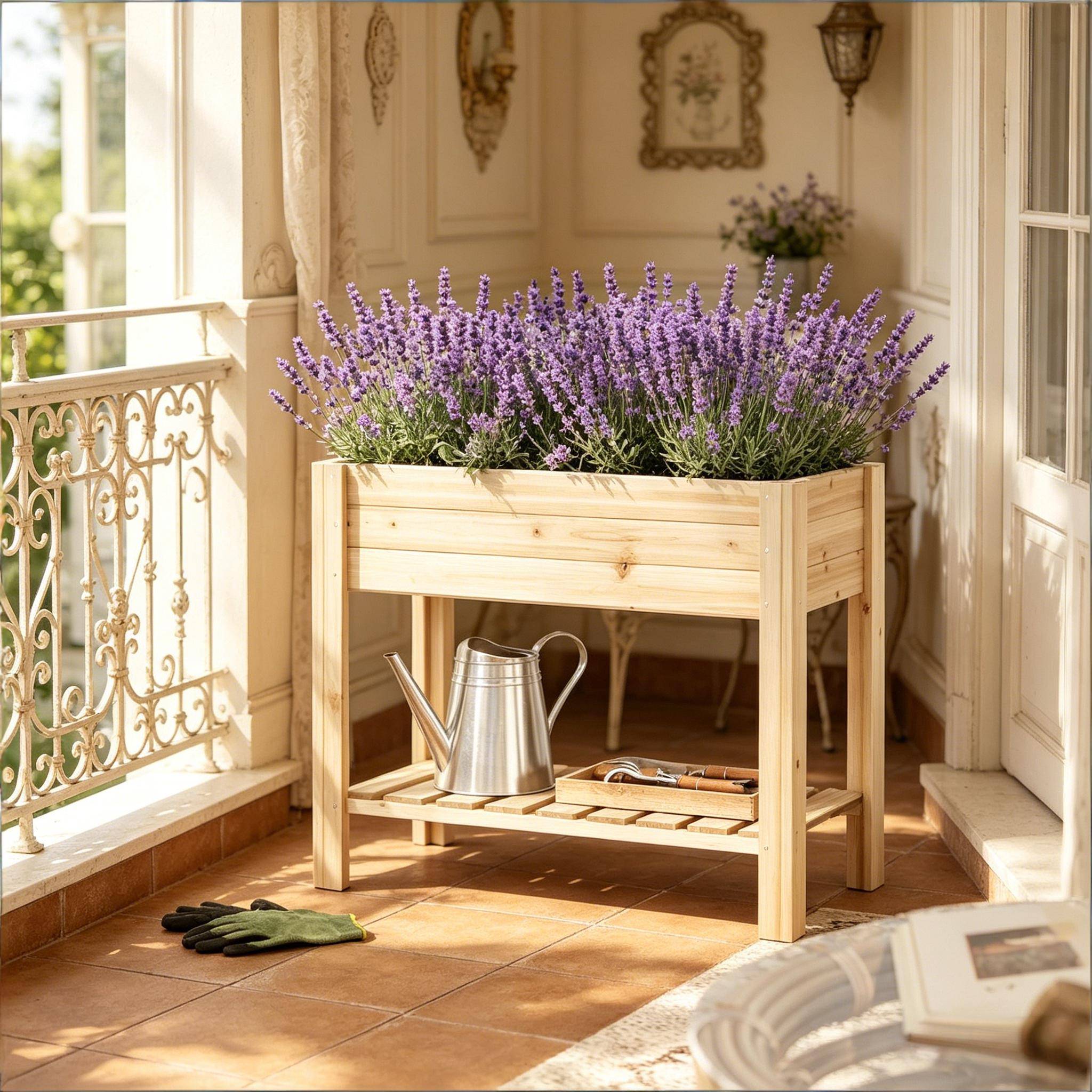 Carré potager surélevé bois sapin balcon terrasse avec étagère 80x40x75cm naturel - ComfortXL Outdoor Living - Image 4