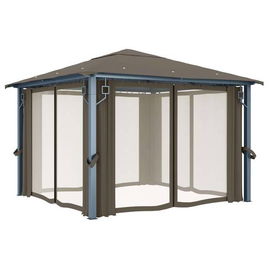 Abri de Terrasse en Aluminium avec Rideaux Moustiquaires et Lumières Solaires Taupe 3x3 m – ComfortXL Outdoor Living - Image 5