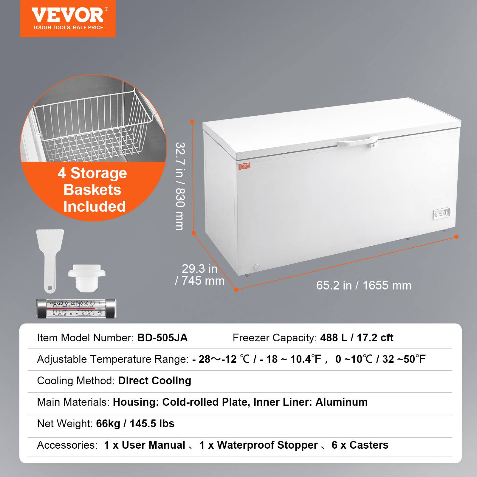 Vevor - VEVOR Congélateur coffre 488 L, 4 paniers, portes verrouillables, éclairage LED. - Image 7