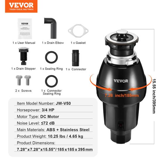VEVOR Broyeur déchets évier cuisine, 3/4 CV, 3930 tr/min, montage EZ. - Image 7