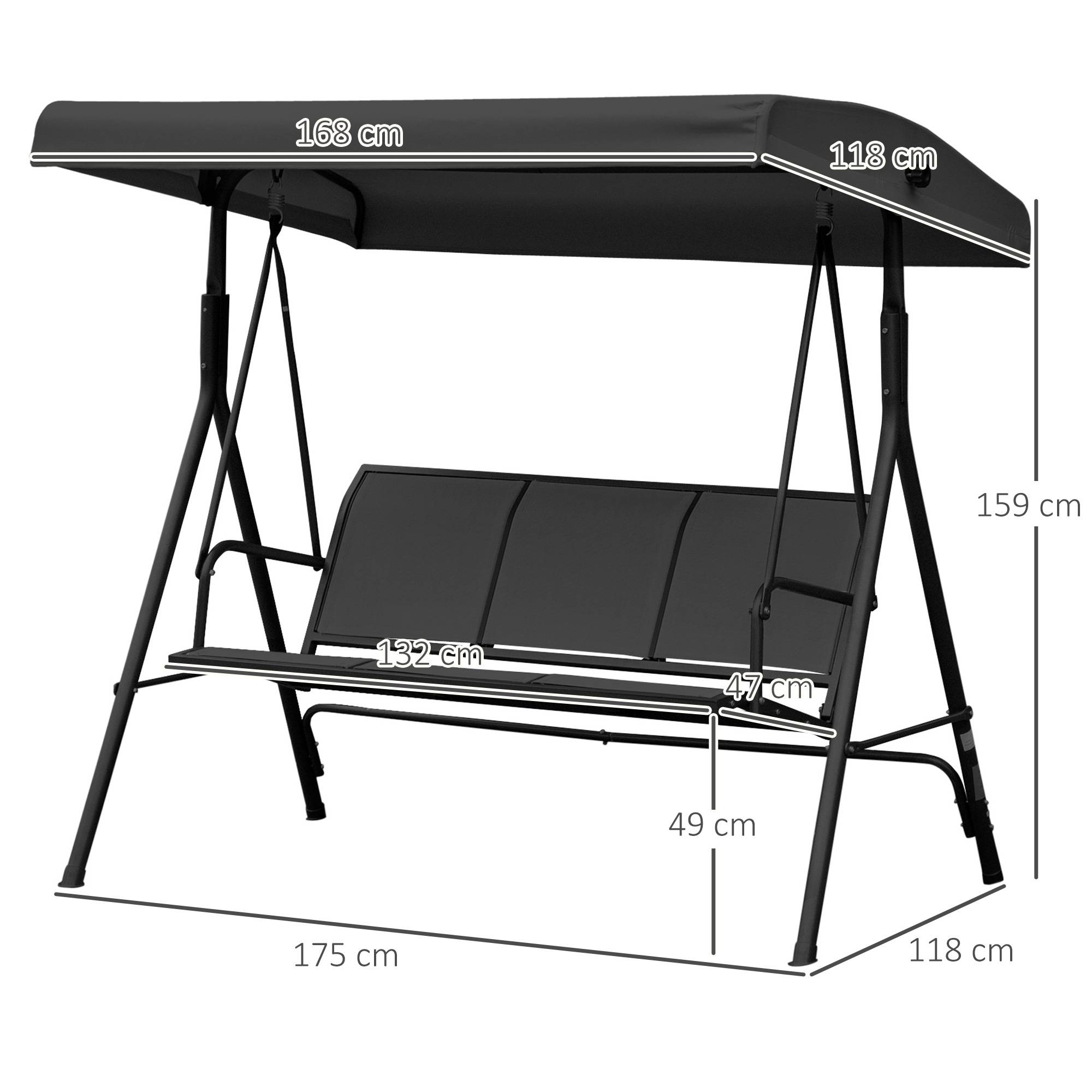 Outsunny - Balancelle de jardin 3 places grand confort toit inclinaison réglable assise et dossier ergonomique acier époxy textilène noir - Outsunny - Image 3