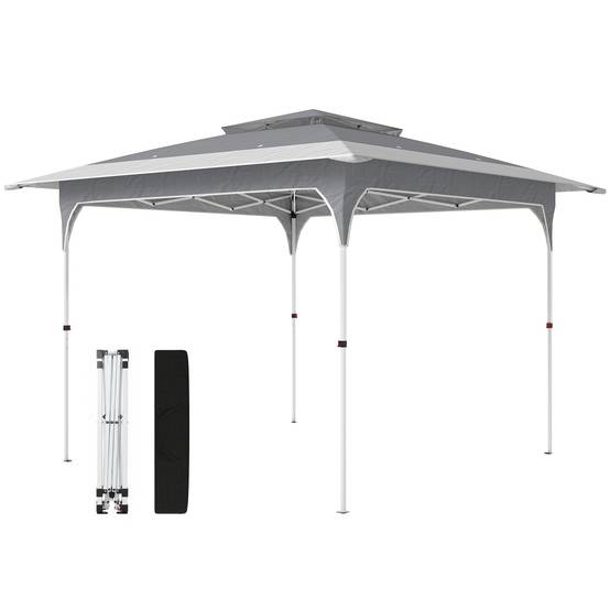 Tente pliante pop-up 3,5 x 3,5 m avec 3 niveaux de hauteur réglables, double toit, fermeture centrale et sac de transport, protection UPF50+ grise - Image 2