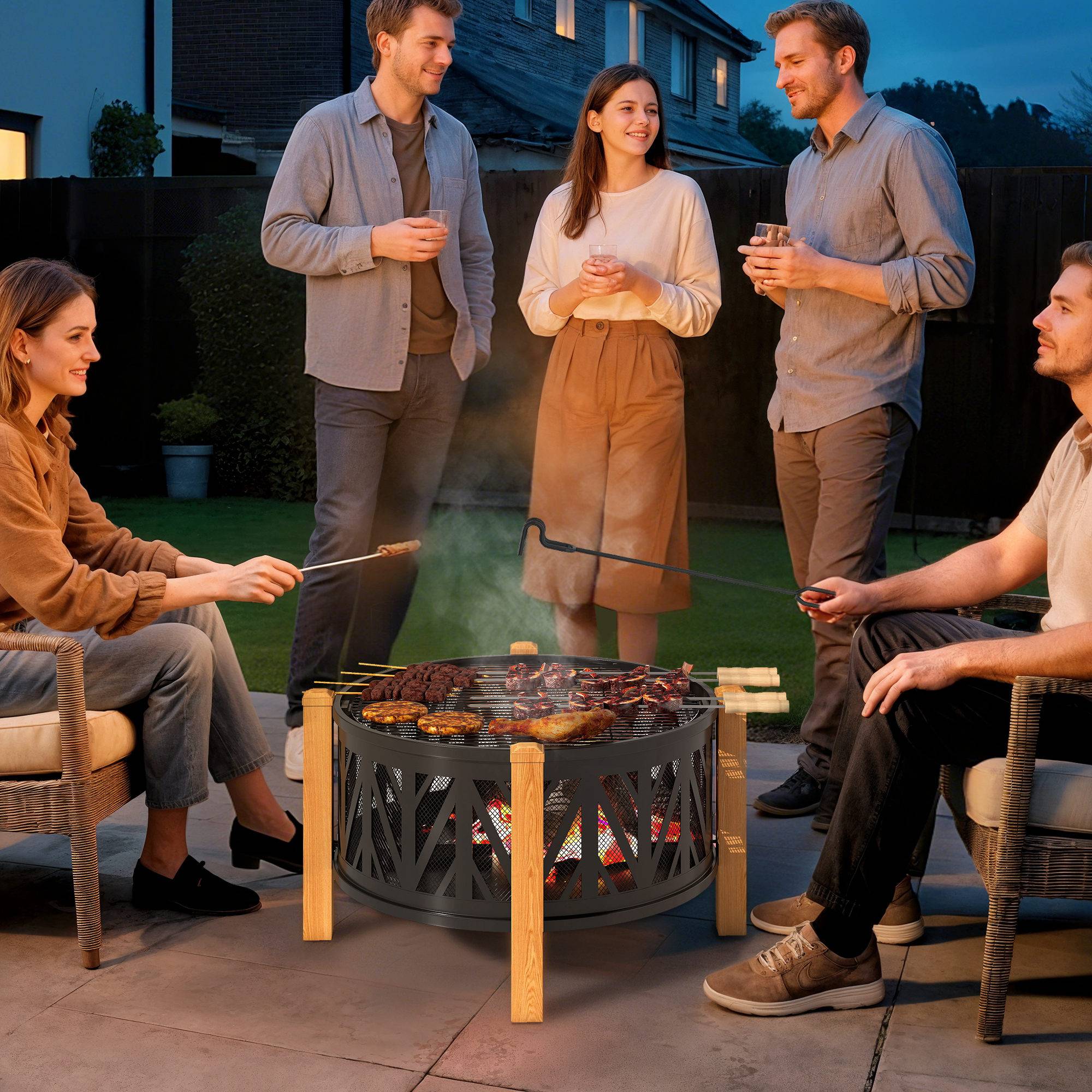 ComfortXL - Brasero 2-en-1 métal Ø75 x 58 cm noir et brun pour jardin avec grille barbecue pare-étincelles et tisonnier - Image 1