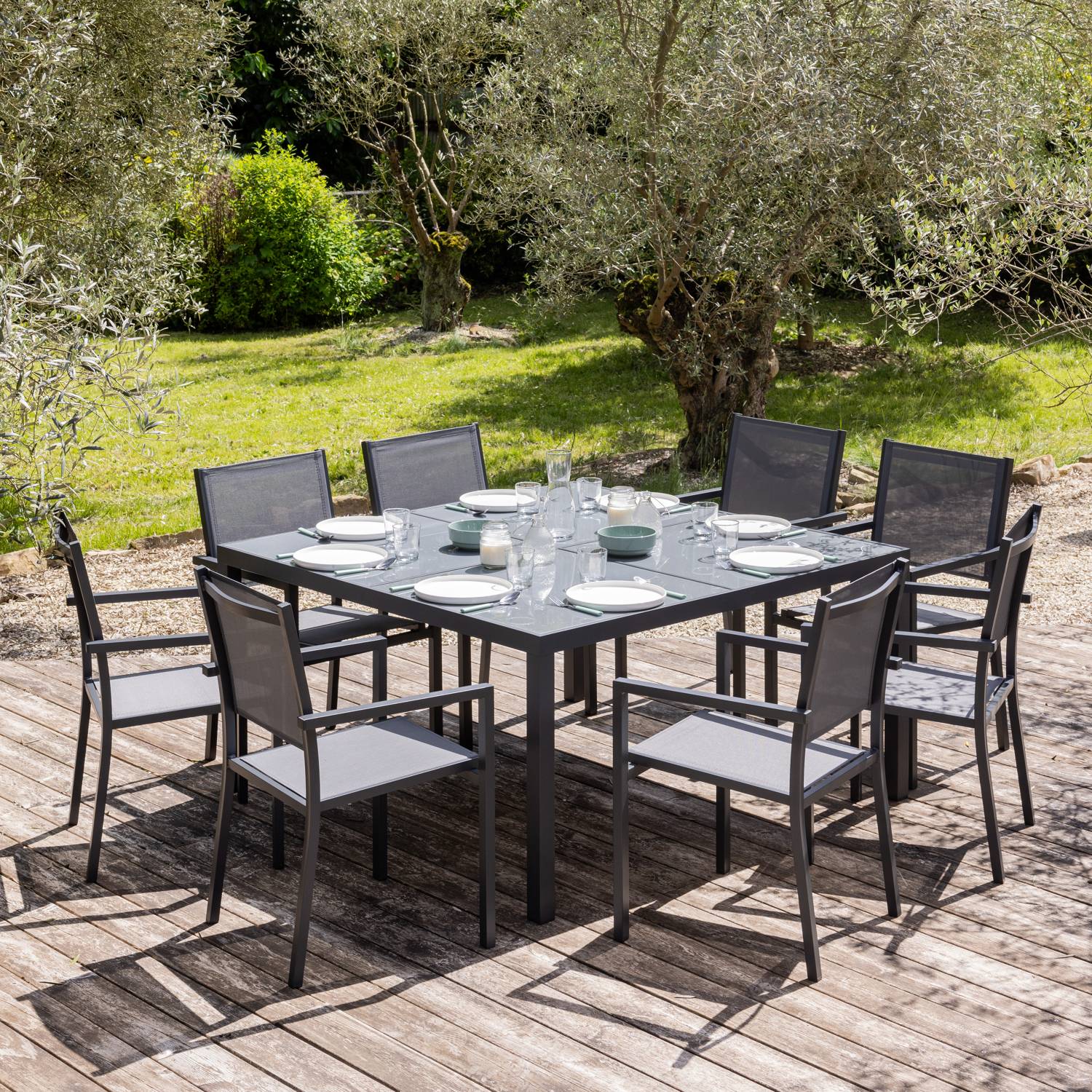 Happy Garden - Salon de jardin CAGLIARI en textilène gris 8 places - aluminium anthracite - HAPPY GARDEN - Image 2