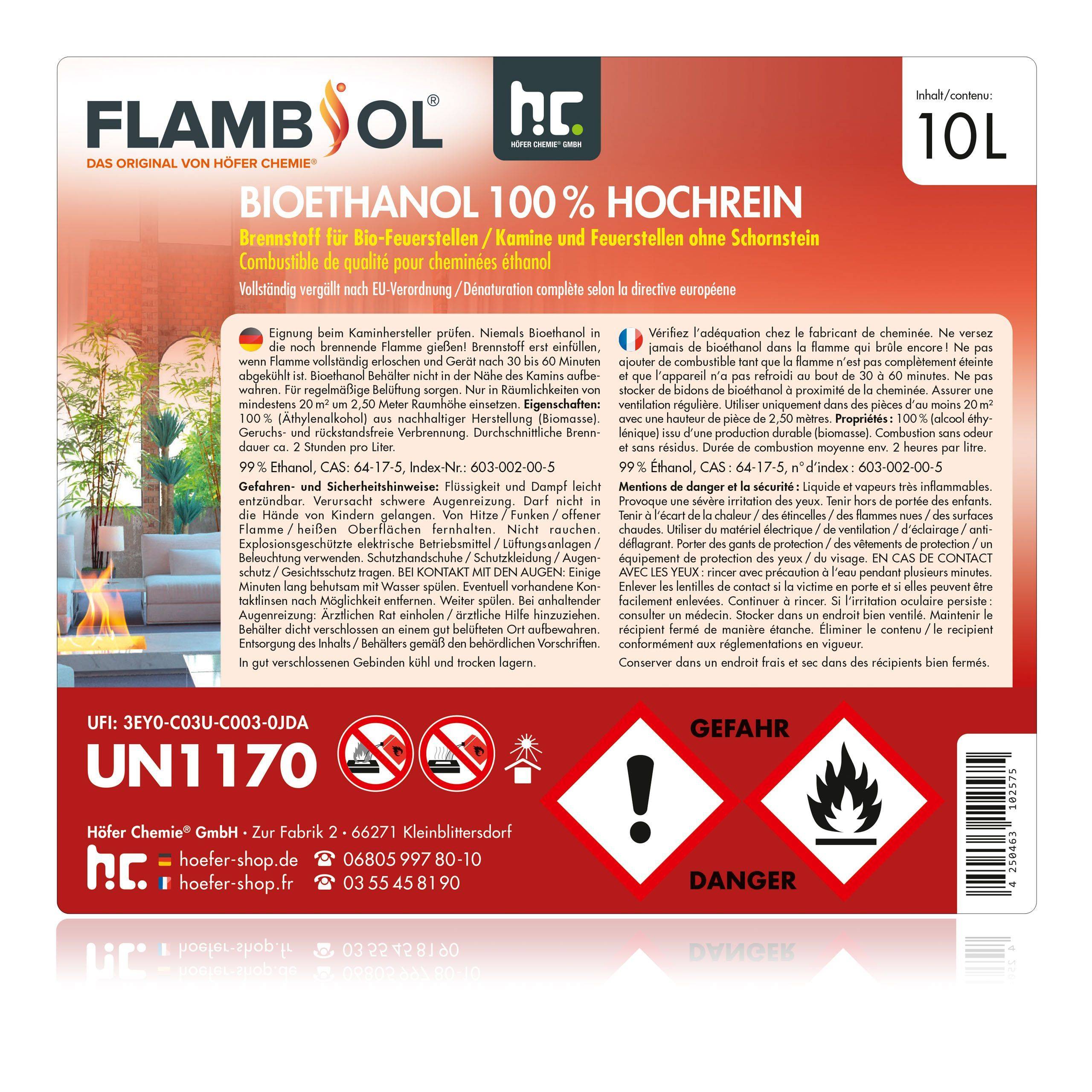 Bioéthanol à 100 % FLAMBIOL® dénaturé en bidon de 10 L x 6 - Image 3