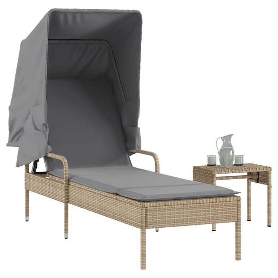 Chaise longue avec auvent et table beige résine tressée 62 x 200 x 130 cm, Poids :19.2kg - PANGIVO - Image 1