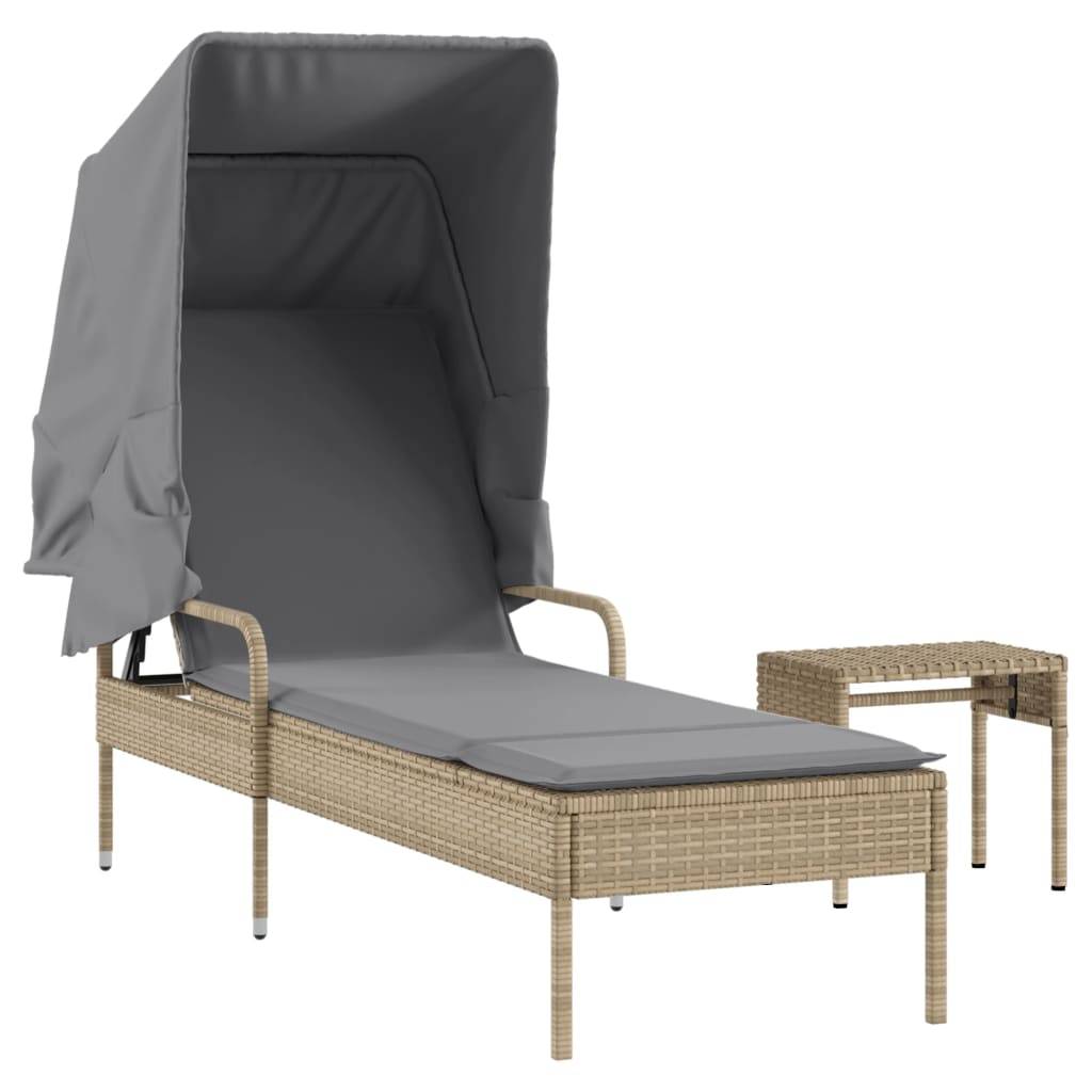 Chaise longue avec auvent et table beige résine tressée 62 x 200 x 130 cm, Poids :19.2kg - PANGIVO - Image 2