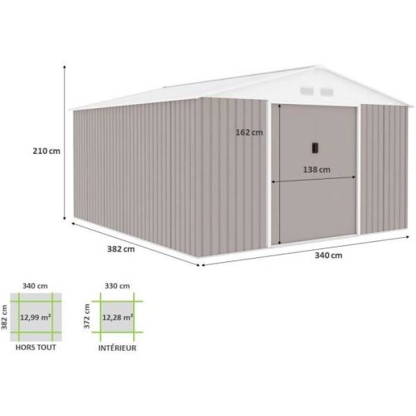 Sans Marque - Abri de jardin en métal 12,99 m² - 340 x 382 x 210 cm - NEPTUNE - Kit d'ancrage inclus, 2 portes coulissantes - Taupe - Image 4