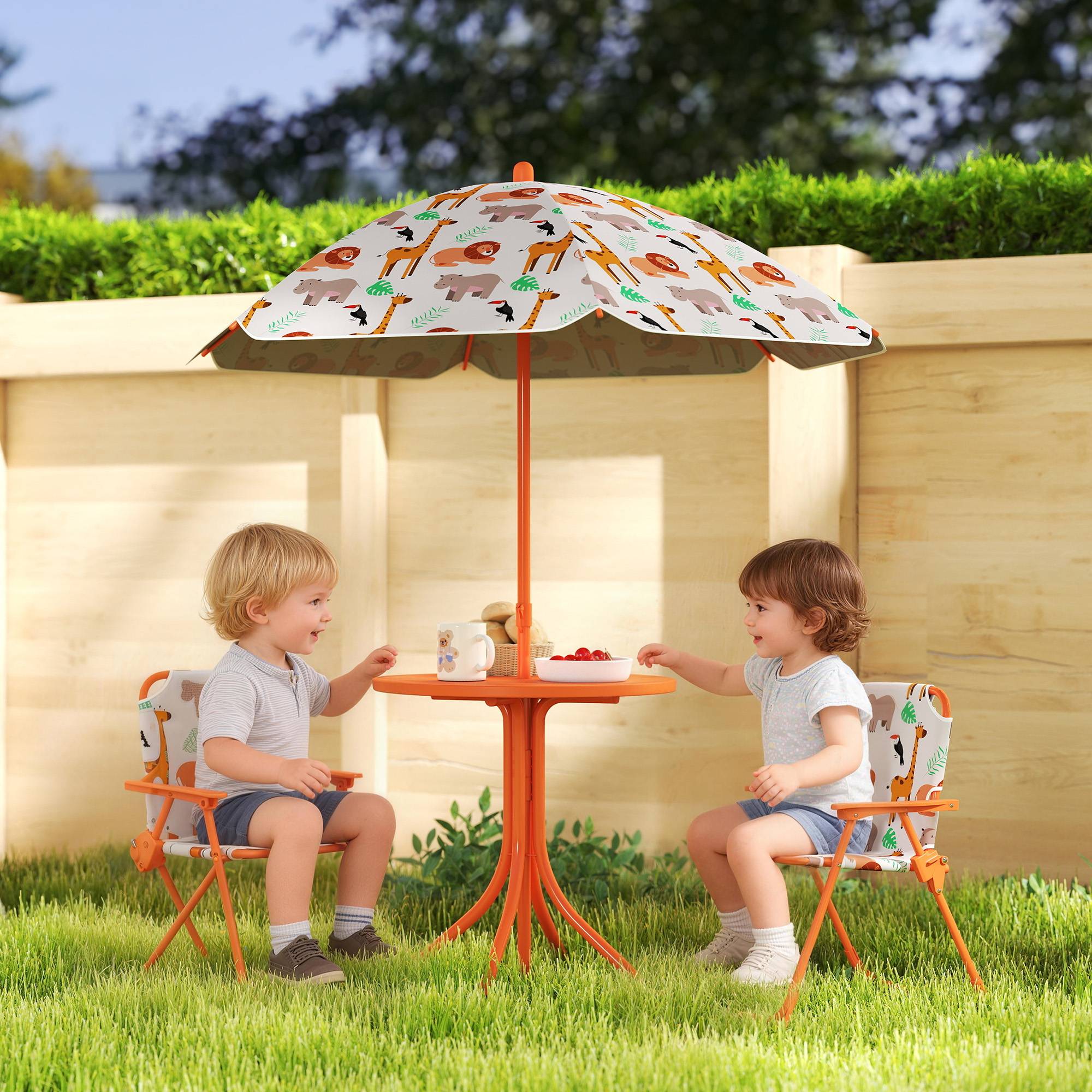 Maison Chic - Salon de jardin enfant, table enfant avec 2 chaises pliantes et parasol Ø 100 cm, motif animal, orange - Image 2