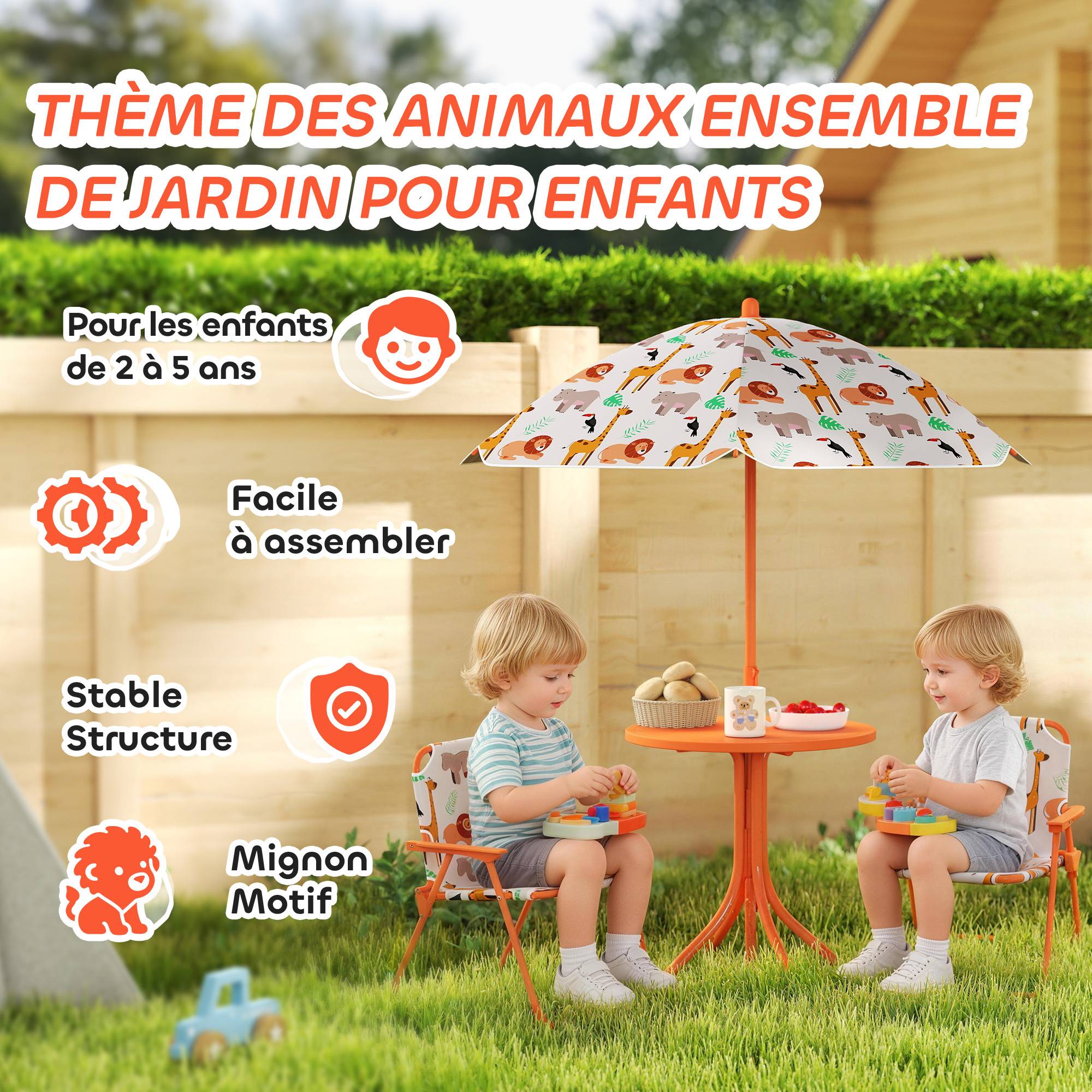 Maison Chic - Salon de jardin enfant, table enfant avec 2 chaises pliantes et parasol Ø 100 cm, motif animal, orange - Image 6