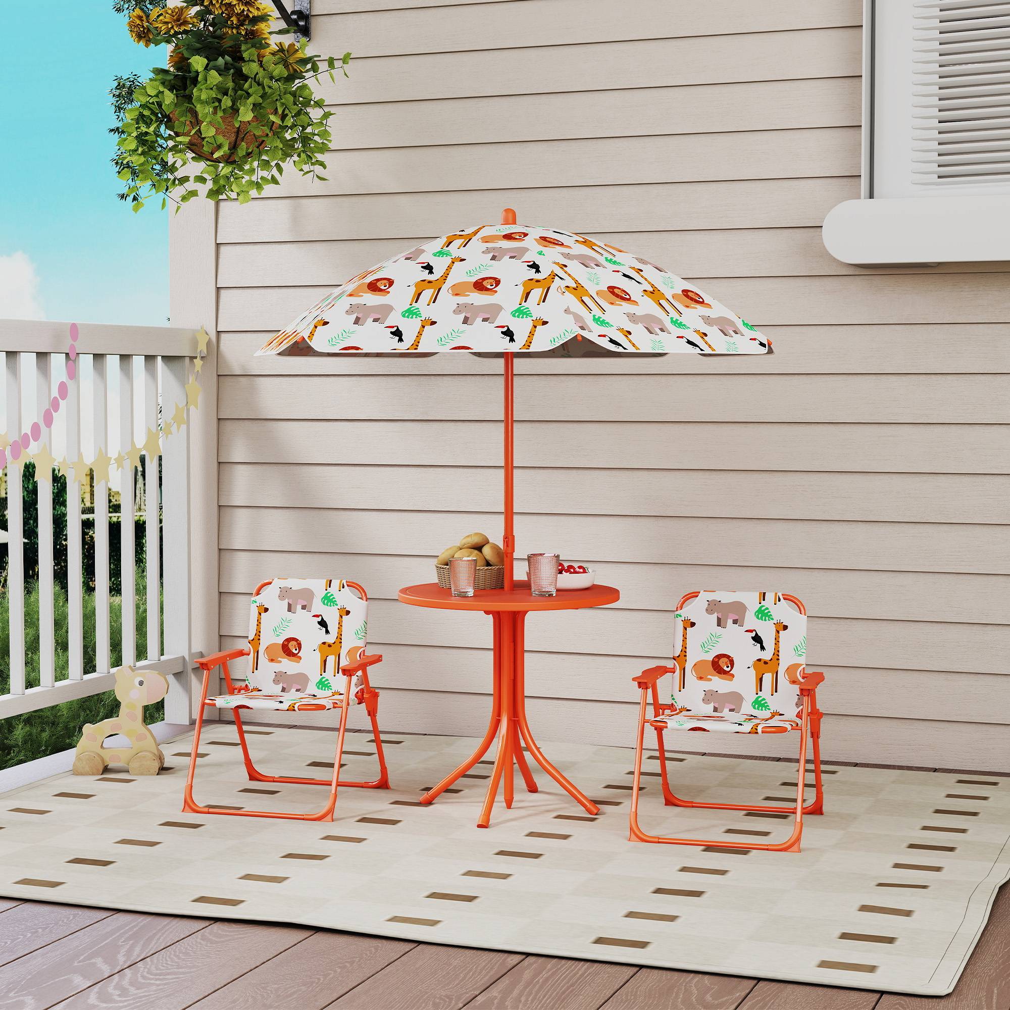 Maison Chic - Salon de jardin enfant, table enfant avec 2 chaises pliantes et parasol Ø 100 cm, motif animal, orange - Image 4