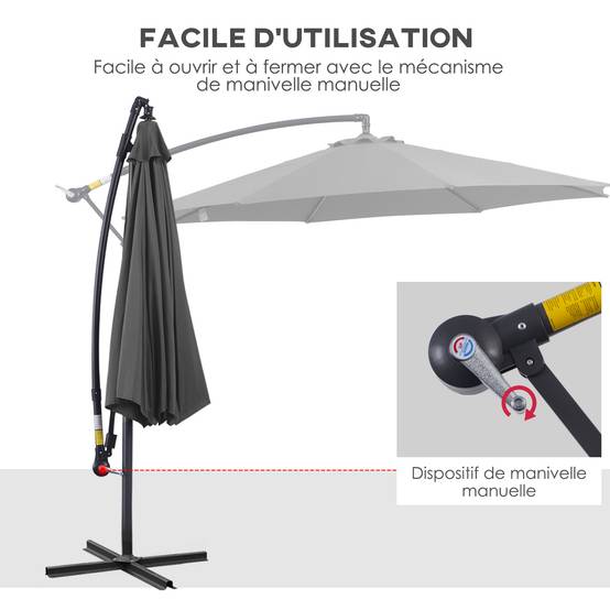 Parasol déporté octogonal inclinable manivelle avec pied en acier Ø 3 x 2,5m gris fr317 - Image 6