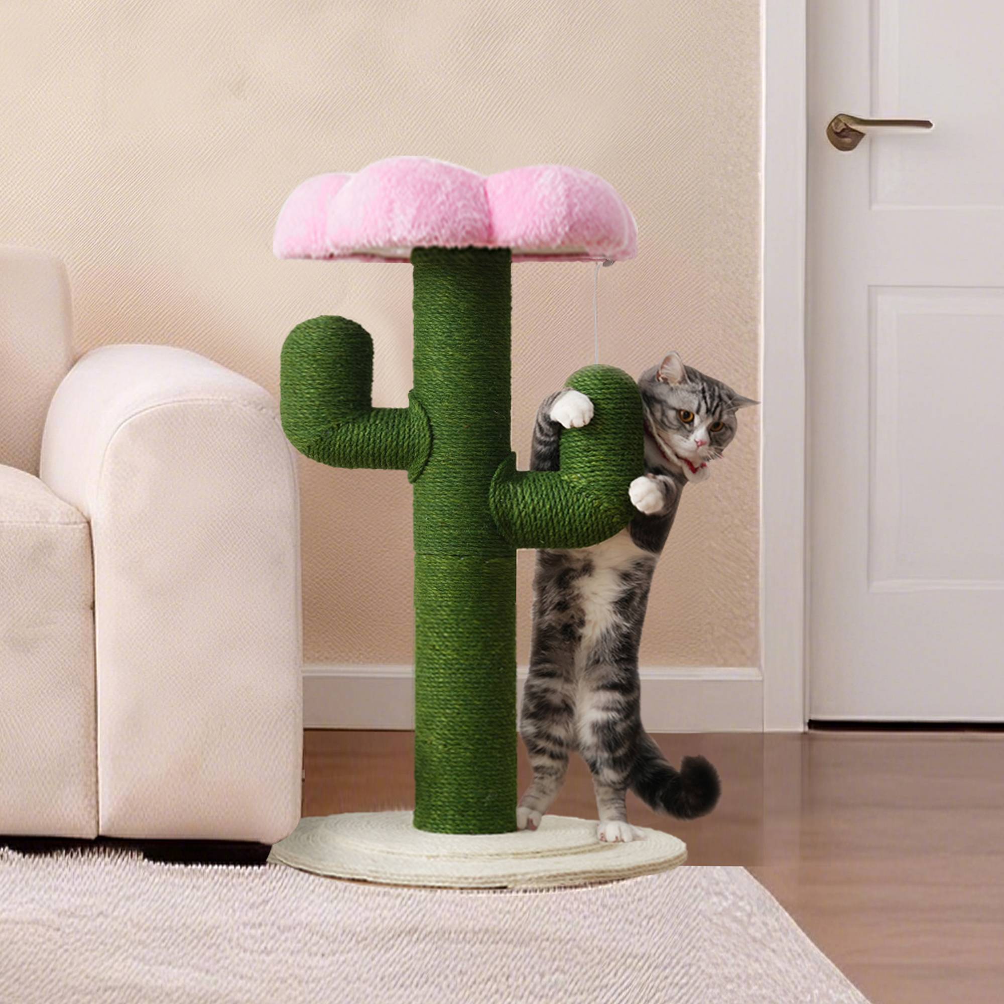 Arbre à Chat Cactus 90 cm, Poteaux en Sisal Épais, Griffoir avec Système Anti-Basculement, Arbre à Chat d’Intérieur, Design Vert