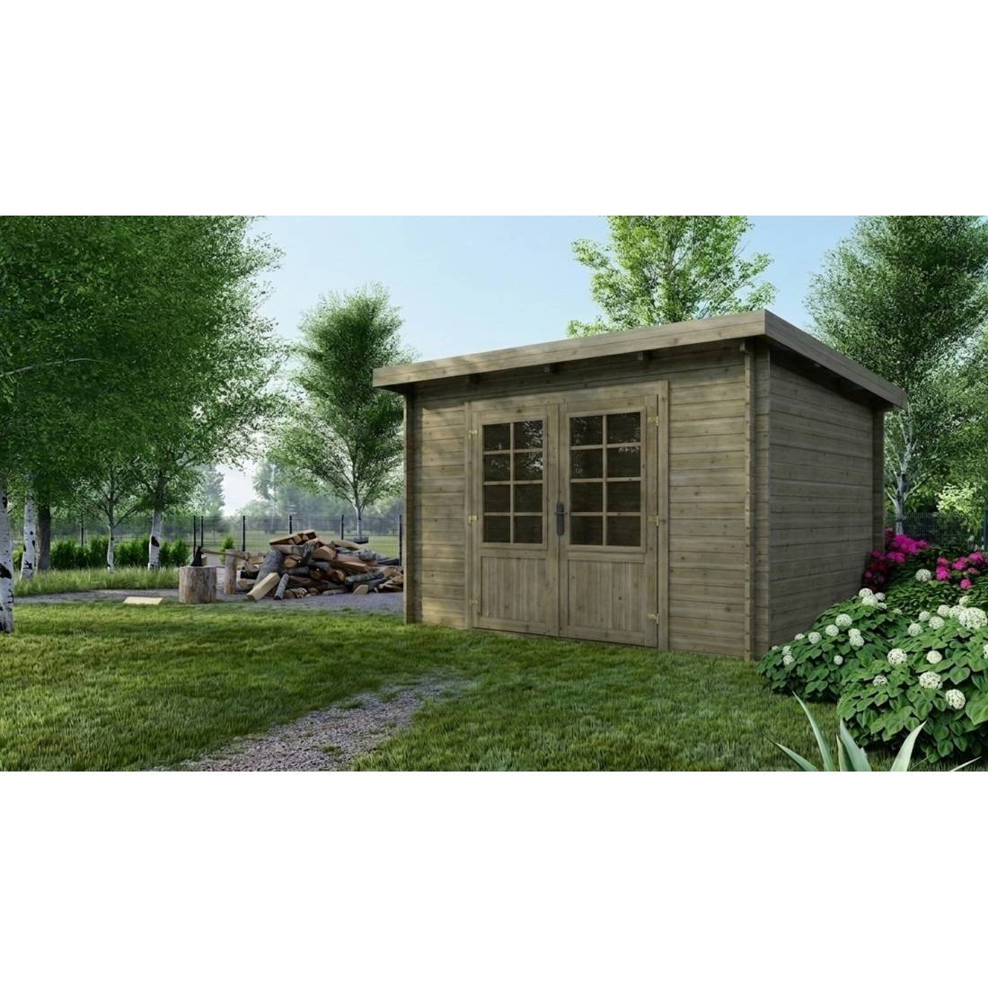 Altanka - Abri de jardin en bois - 9m2 - 3x3m - Traité - Ep. 28mm - Couleur: vert - DOM356 - ALTANKA - Image 1