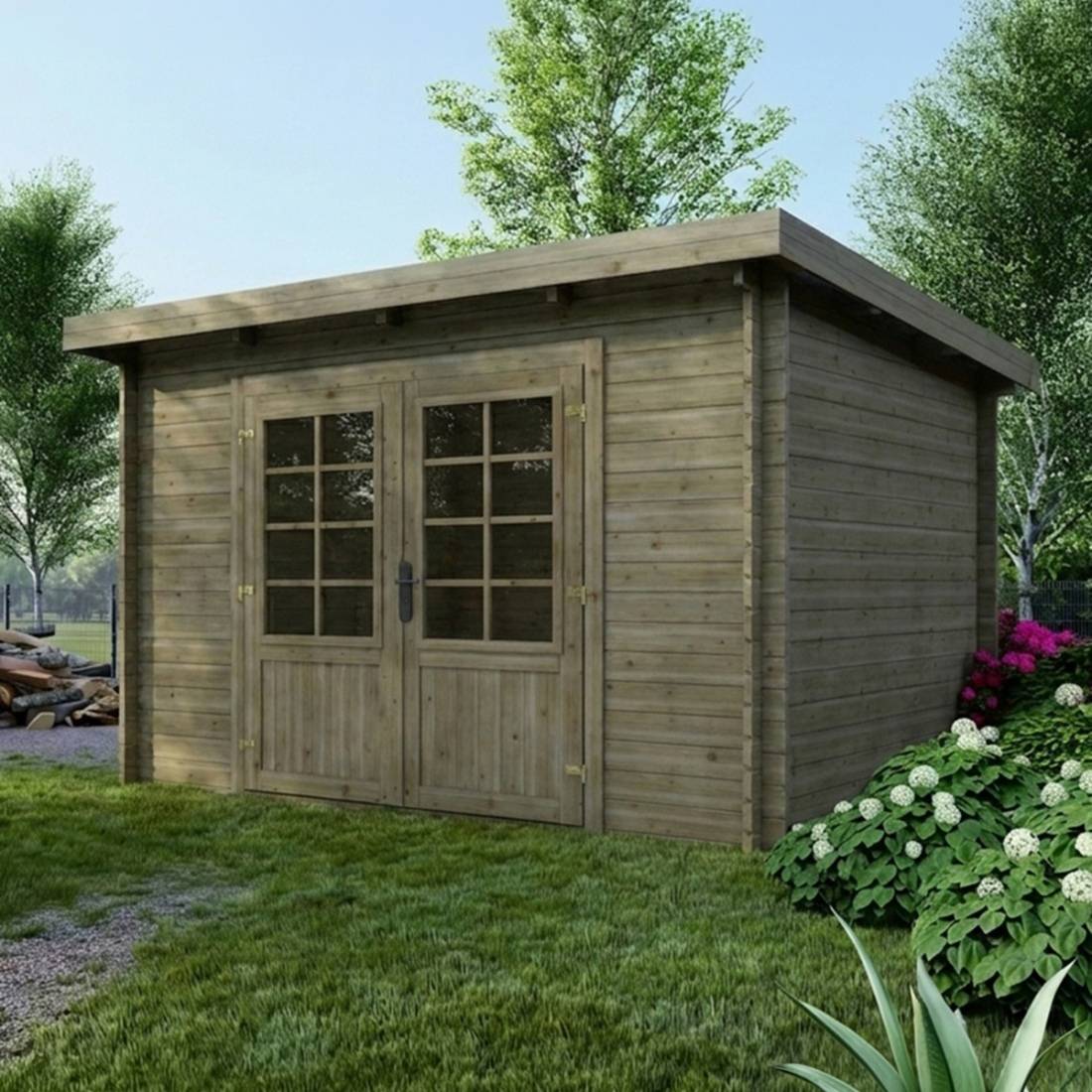 Altanka - Abri de jardin en bois - 9m2 - 3x3m - Traité - Ep. 28mm - Couleur: vert - DOM356 - ALTANKA - Image 1