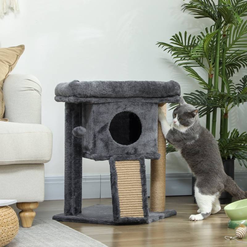 Arbre à chat bois peluche pour chats repos et jeu avec griffoir 40x40x57cm gris foncé - ComfortXL Outdoor Living - Image 1