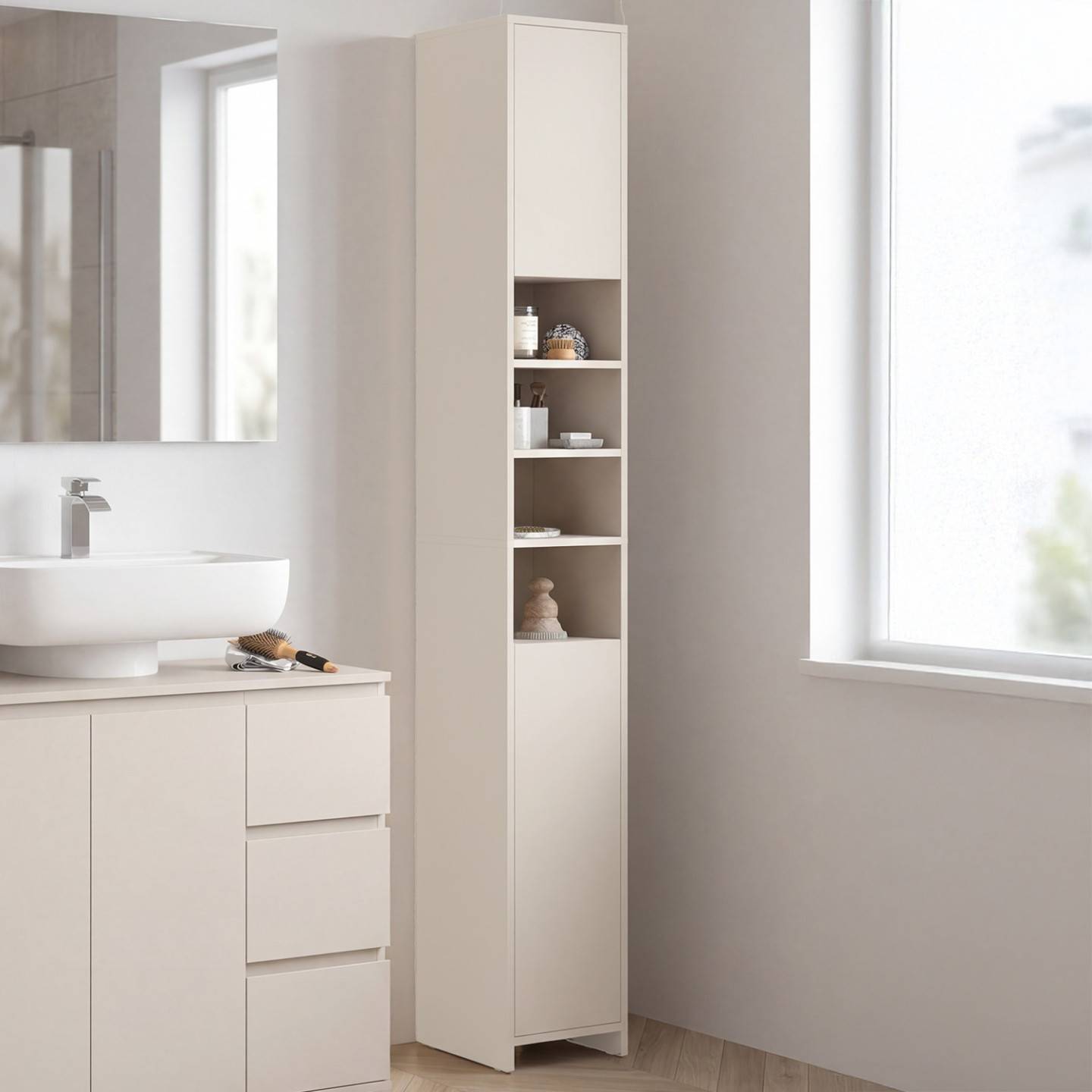IDMARKET - Meuble colonne salle de bain TOMI 2 portes 4 niches beige - Image 1