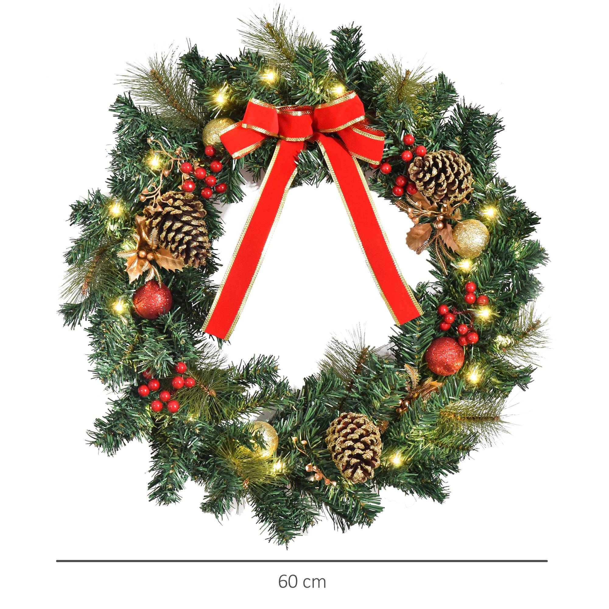 Sans Marque - Couronne de Noël artificielle lumineuse avec 20 LED de 60 cm - décorée de houx et de pommes de pin - Image 5