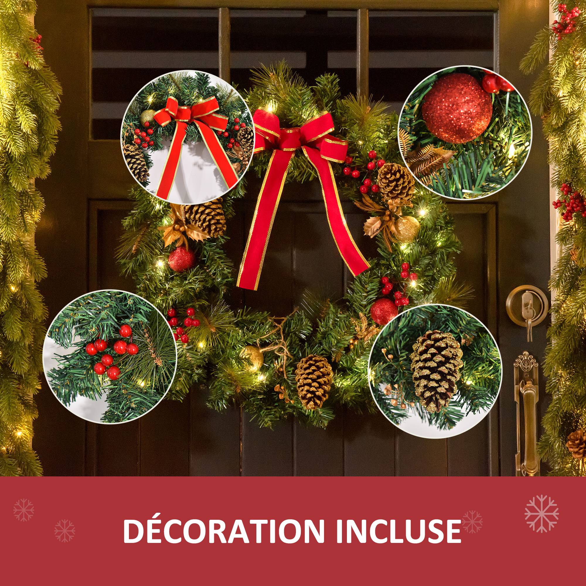 Sans Marque - Couronne de Noël artificielle lumineuse avec 20 LED de 60 cm - décorée de houx et de pommes de pin - Image 8