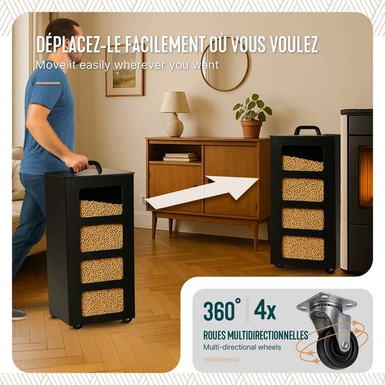 Vounot - Réservoir à granulés avec roulettes 45kg - 36x36x76cm - rangement à pellets en métal - noir - VOUNOT® - Image 5