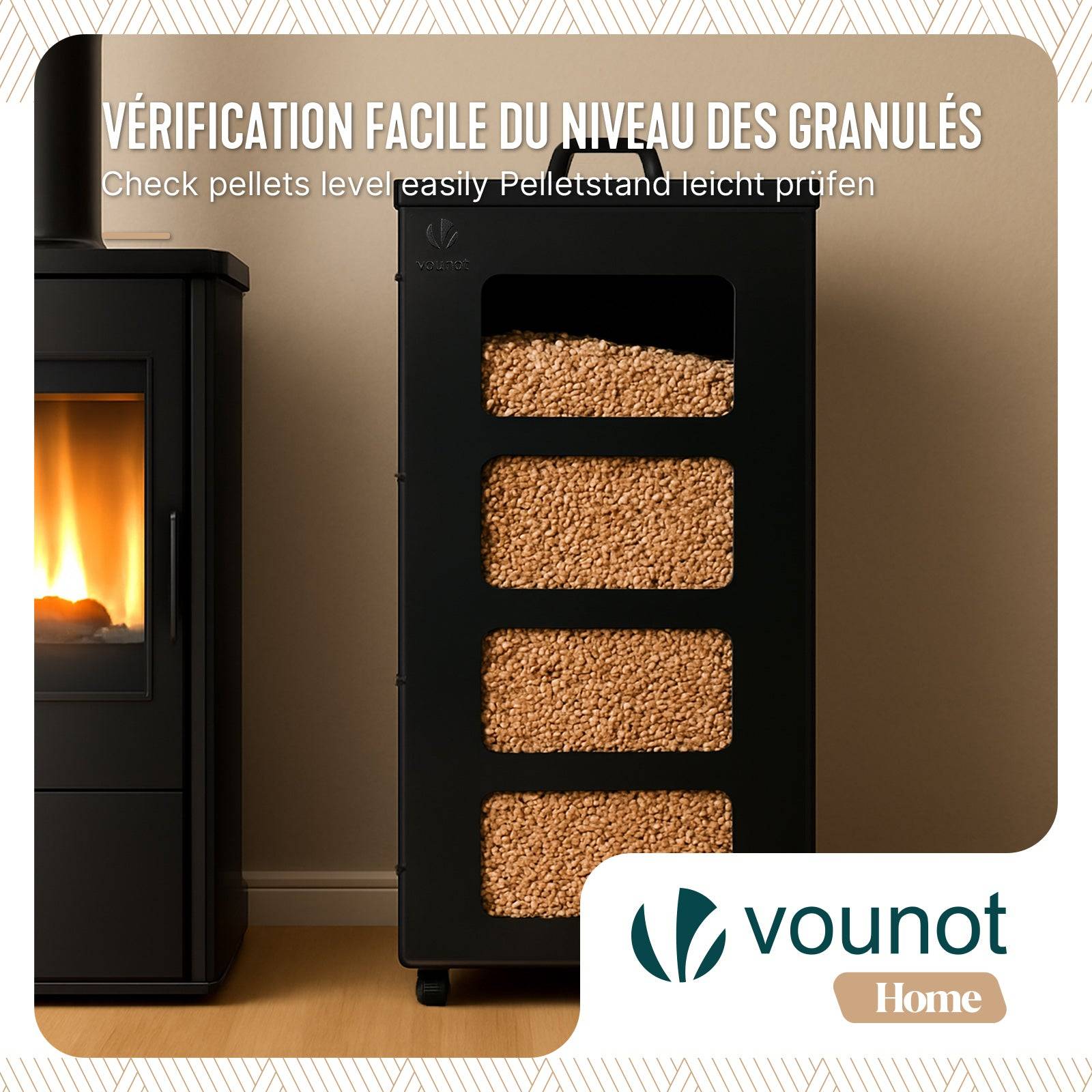 Vounot - Réservoir à granulés avec roulettes 45kg - 36x36x76cm - rangement à pellets en métal - noir - VOUNOT® - Image 4