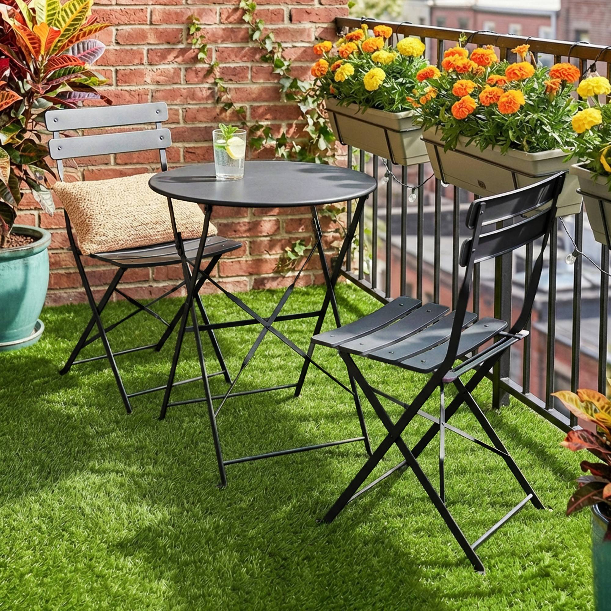 Ensemble Bistrot de Jardin 3 Pièces Table et 2 Chaises Pliantes à Lattes Double Protection Antirouille Noir - Image 4