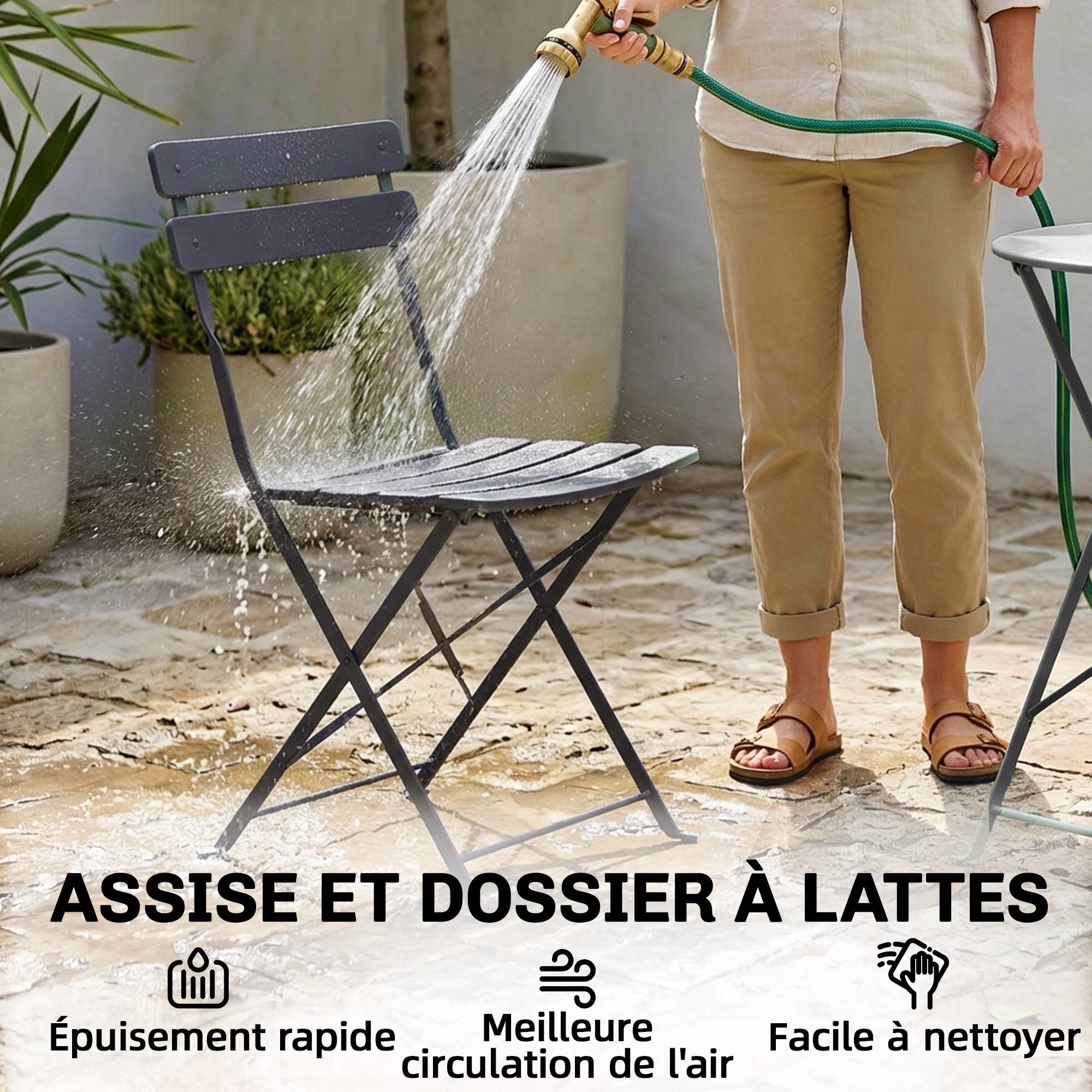 Ensemble Bistrot de Jardin 3 Pièces Table et 2 Chaises Pliantes à Lattes Double Protection Antirouille Noir - Image 9