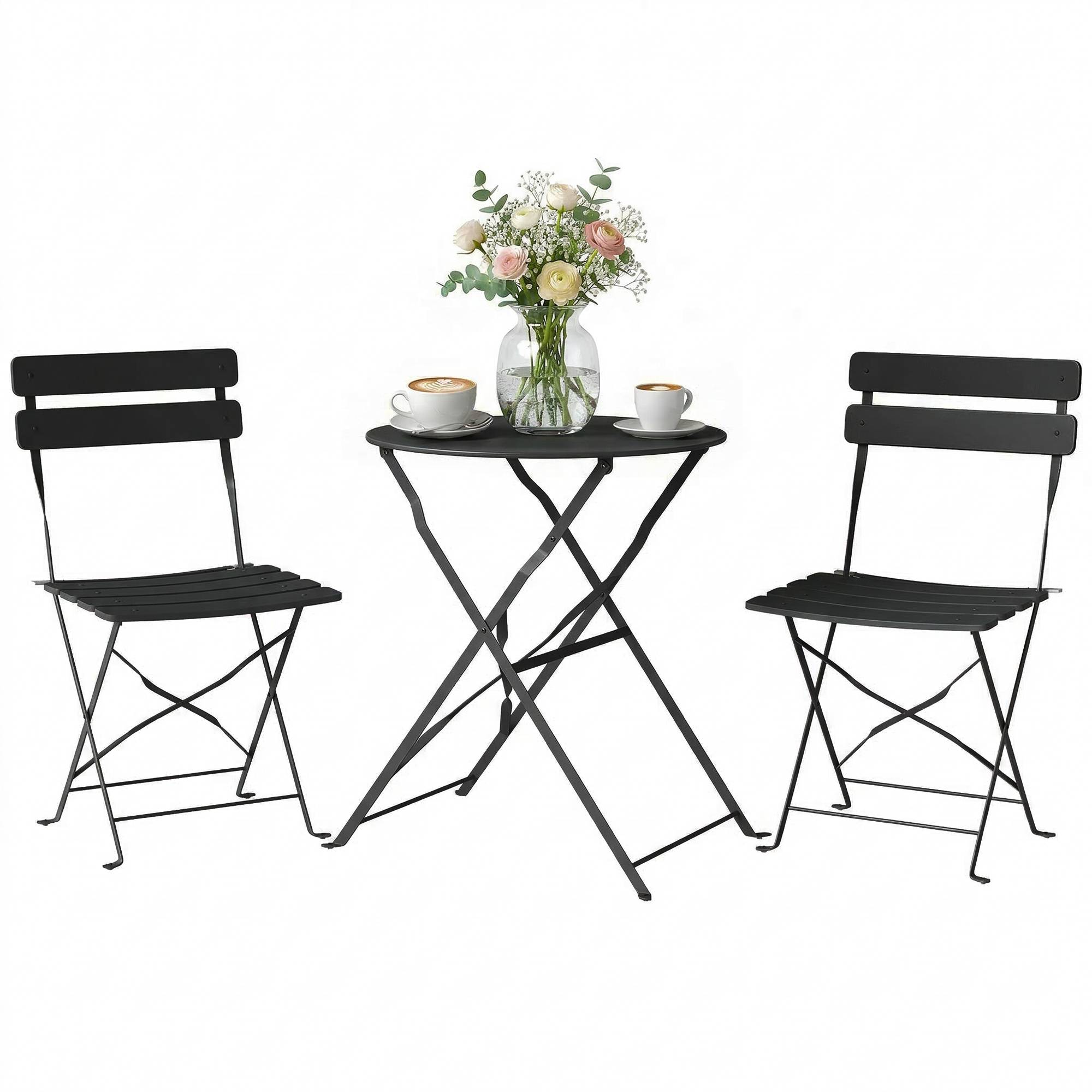 Ensemble Bistrot de Jardin 3 Pièces Table et 2 Chaises Pliantes à Lattes Double Protection Antirouille Noir - Image 1