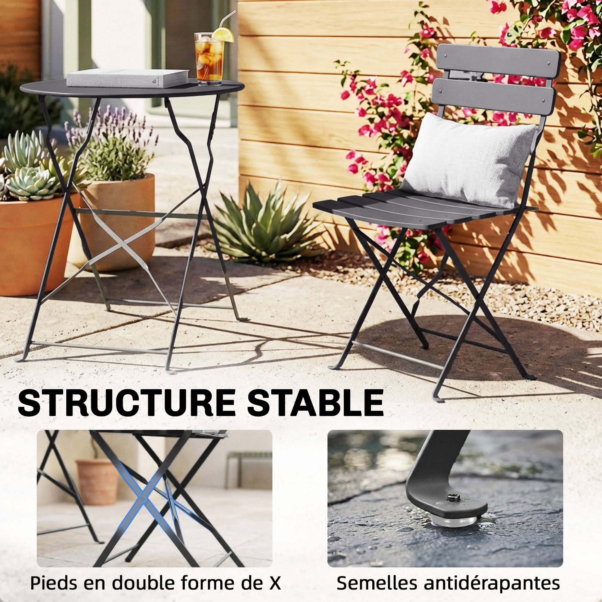 Ensemble Bistrot de Jardin 3 Pièces Table et 2 Chaises Pliantes à Lattes Double Protection Antirouille Noir - Image 10