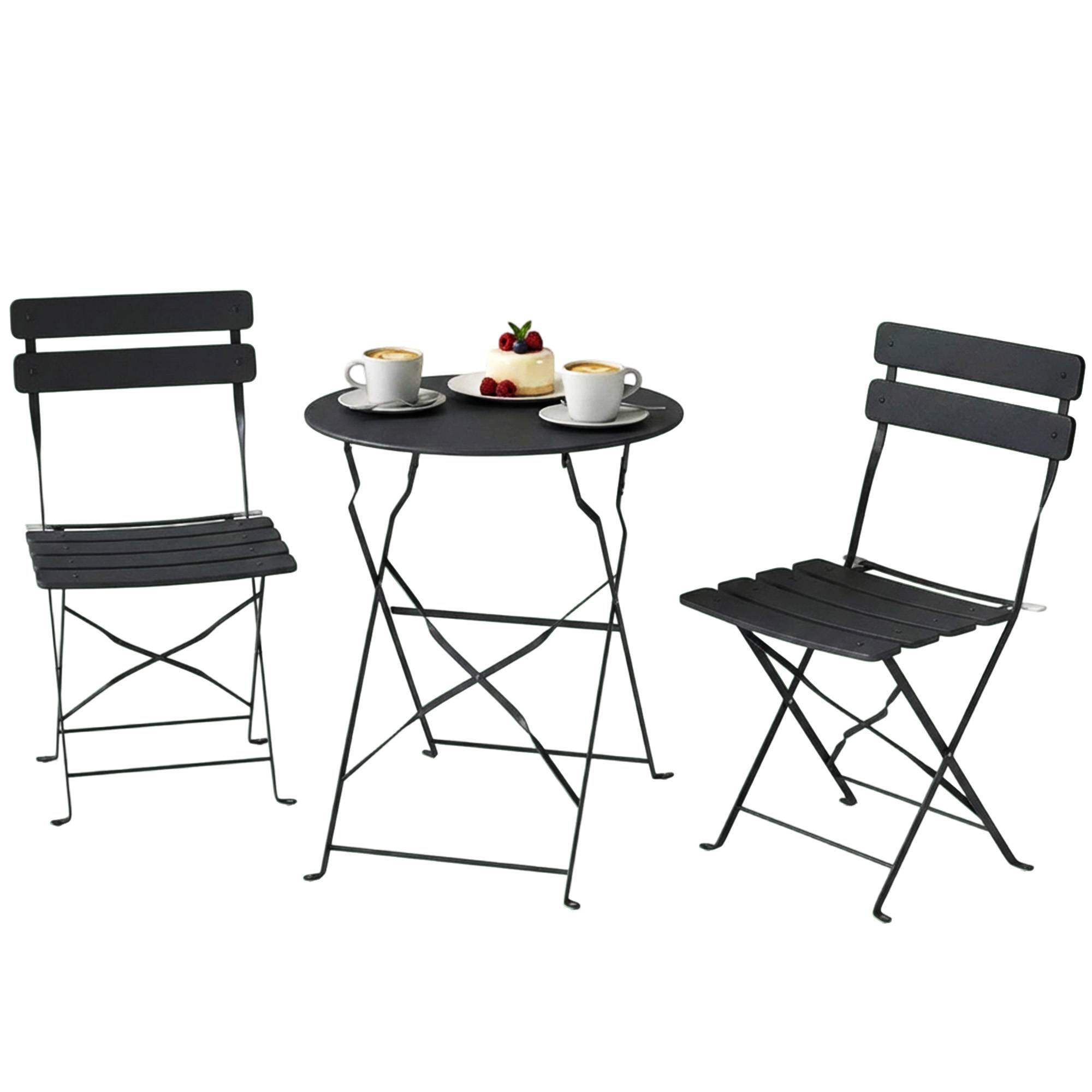 Ensemble Bistrot de Jardin 3 Pièces Table et 2 Chaises Pliantes à Lattes Double Protection Antirouille Noir - Image 2