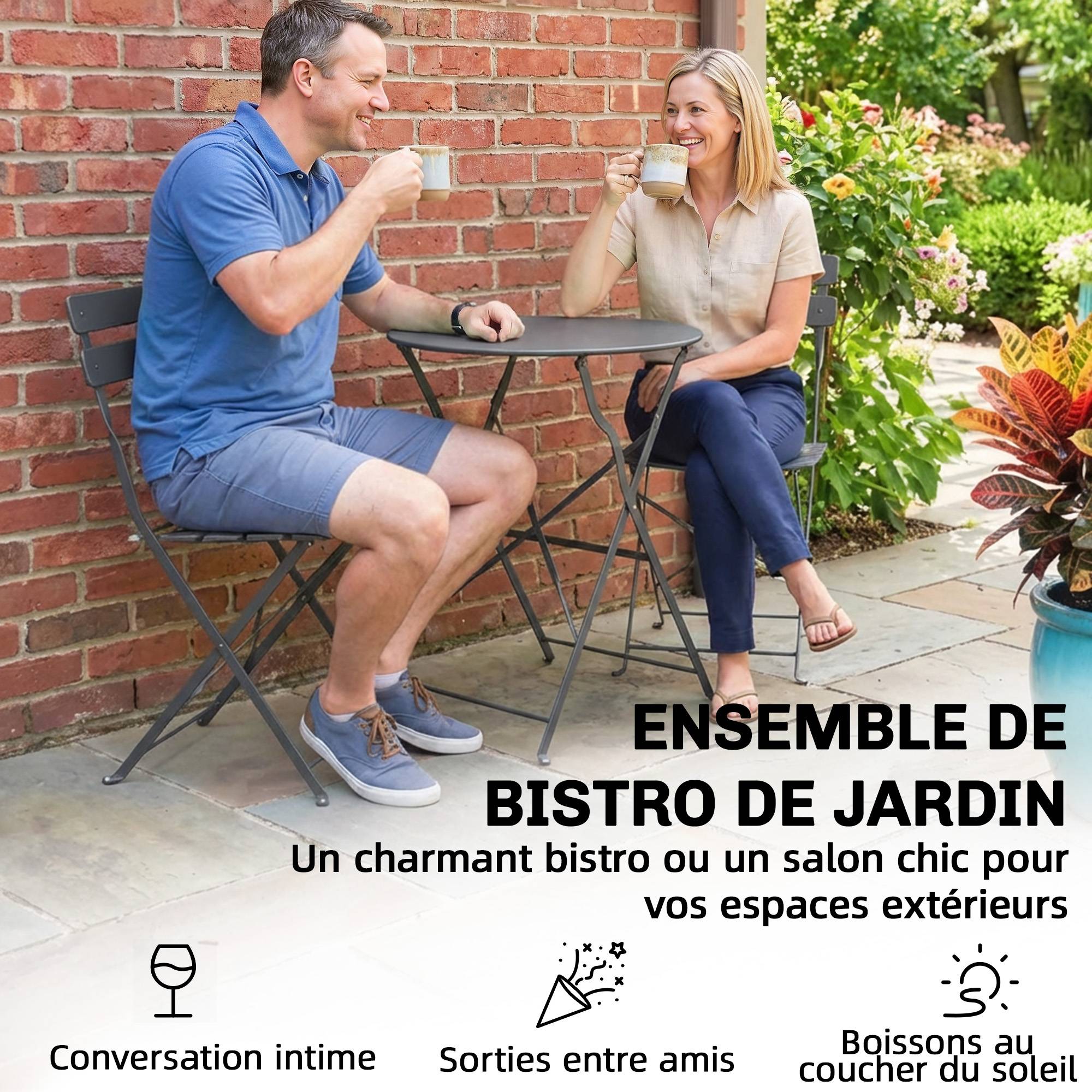 Ensemble Bistrot de Jardin 3 Pièces Table et 2 Chaises Pliantes à Lattes Double Protection Antirouille Noir - Image 7