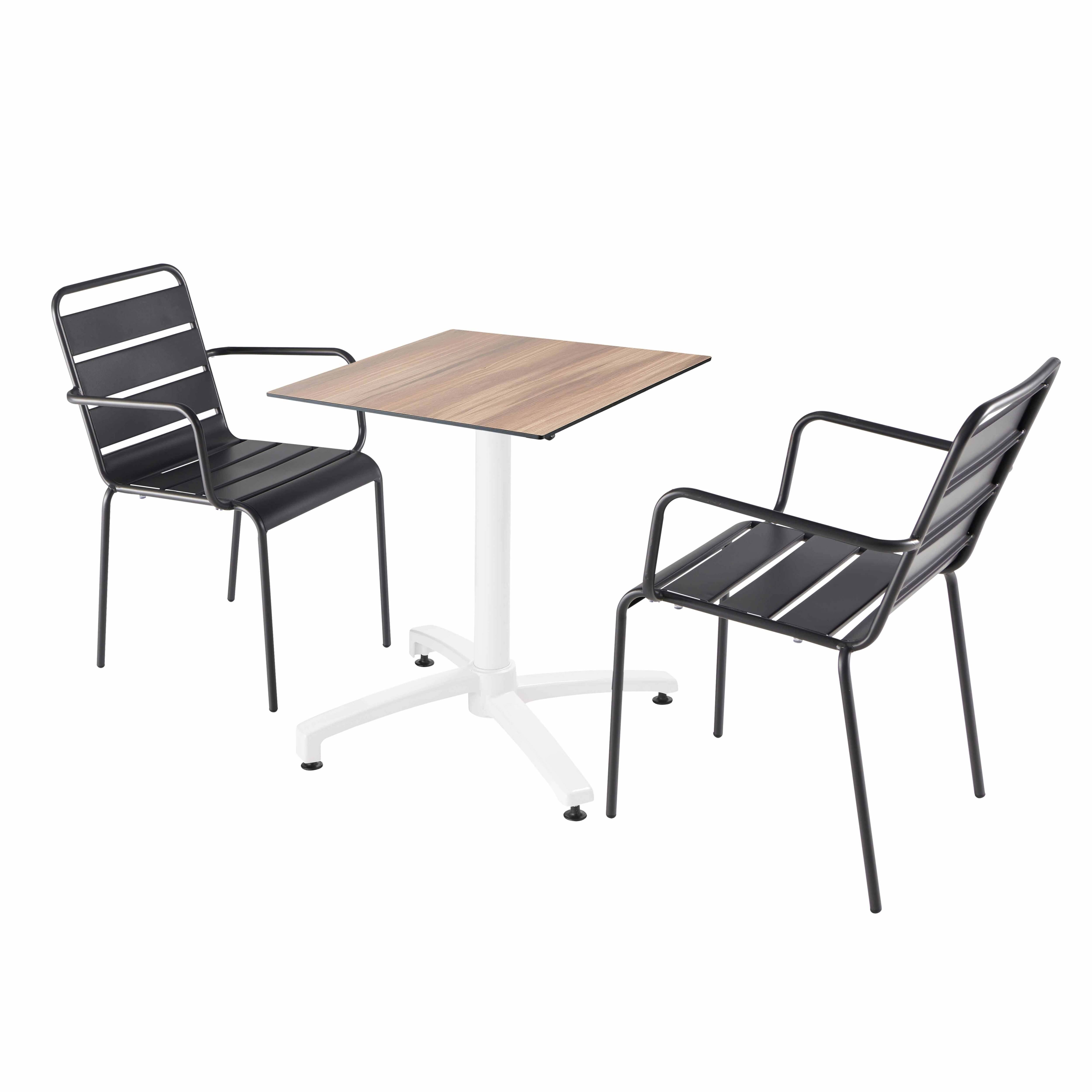 Oviala - Ensemble table de terrasse stratifié chêne foncé et 2 fauteuils gris - Oviala - Image 1