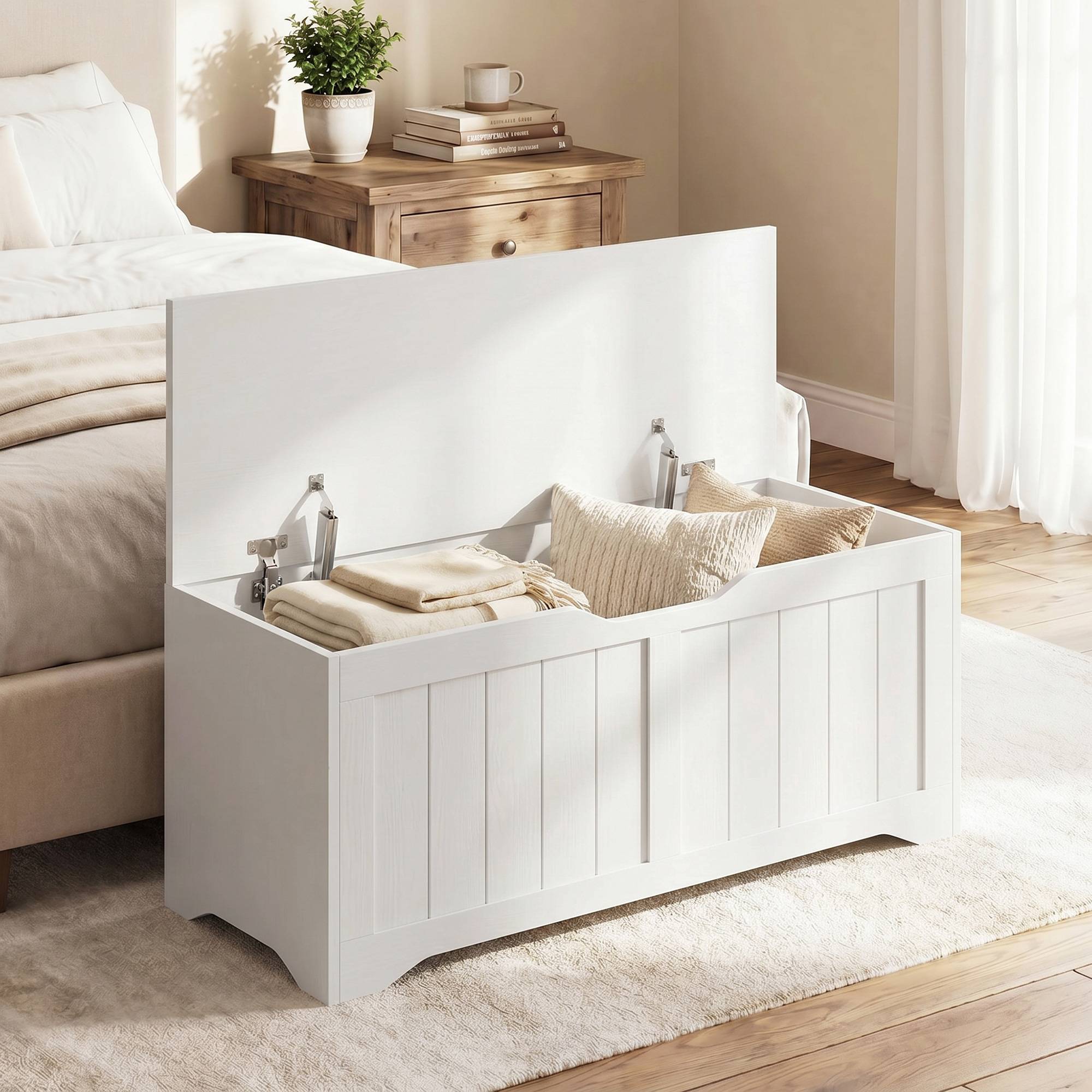 Coffre de Rangement 136 L, Banc Coffre avec 2 Charnières de Sécurité et Design Sans Poignée, 100 x 40 x 45 cm, Blanc - Image 3