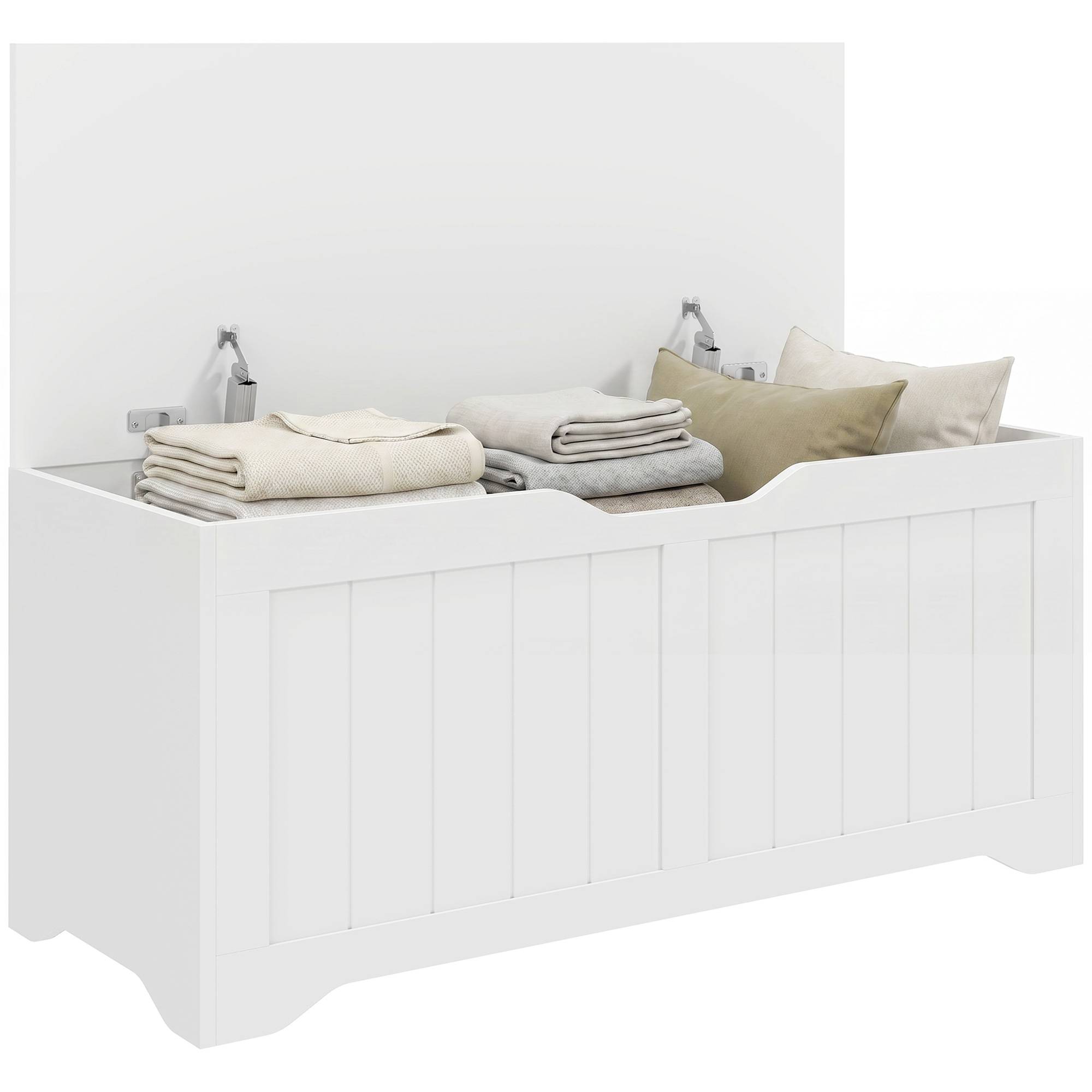 Coffre de Rangement 136 L, Banc Coffre avec 2 Charnières de Sécurité et Design Sans Poignée, 100 x 40 x 45 cm, Blanc - Image 1