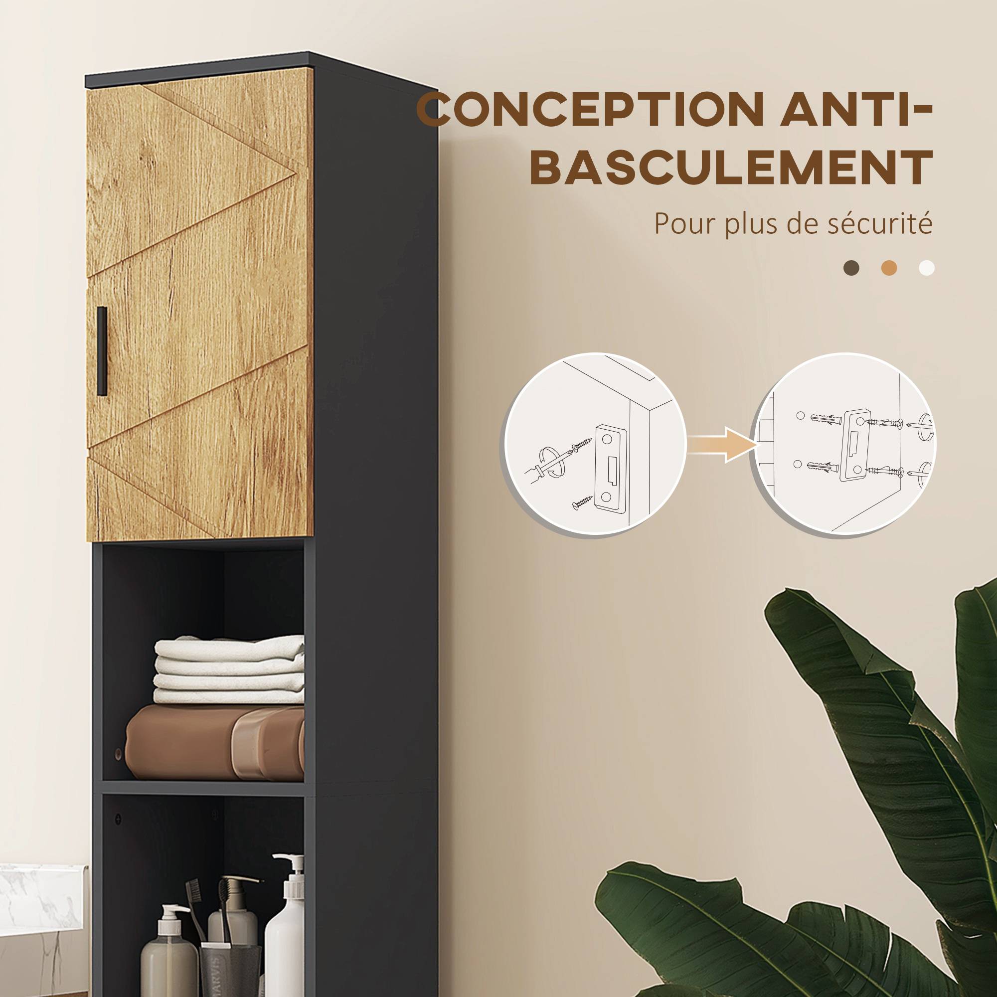 Sans Marque - Meuble colonne armoire rangement salle de bain 2 portes étagère réglable 2 niches 30 x 30 x 183 cm chêne gris foncé - Image 8