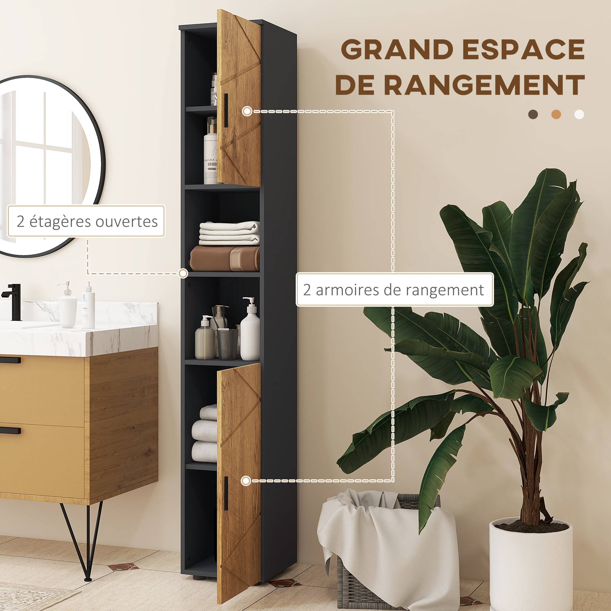 Sans Marque - Meuble colonne armoire rangement salle de bain 2 portes étagère réglable 2 niches 30 x 30 x 183 cm chêne gris foncé - Image 6