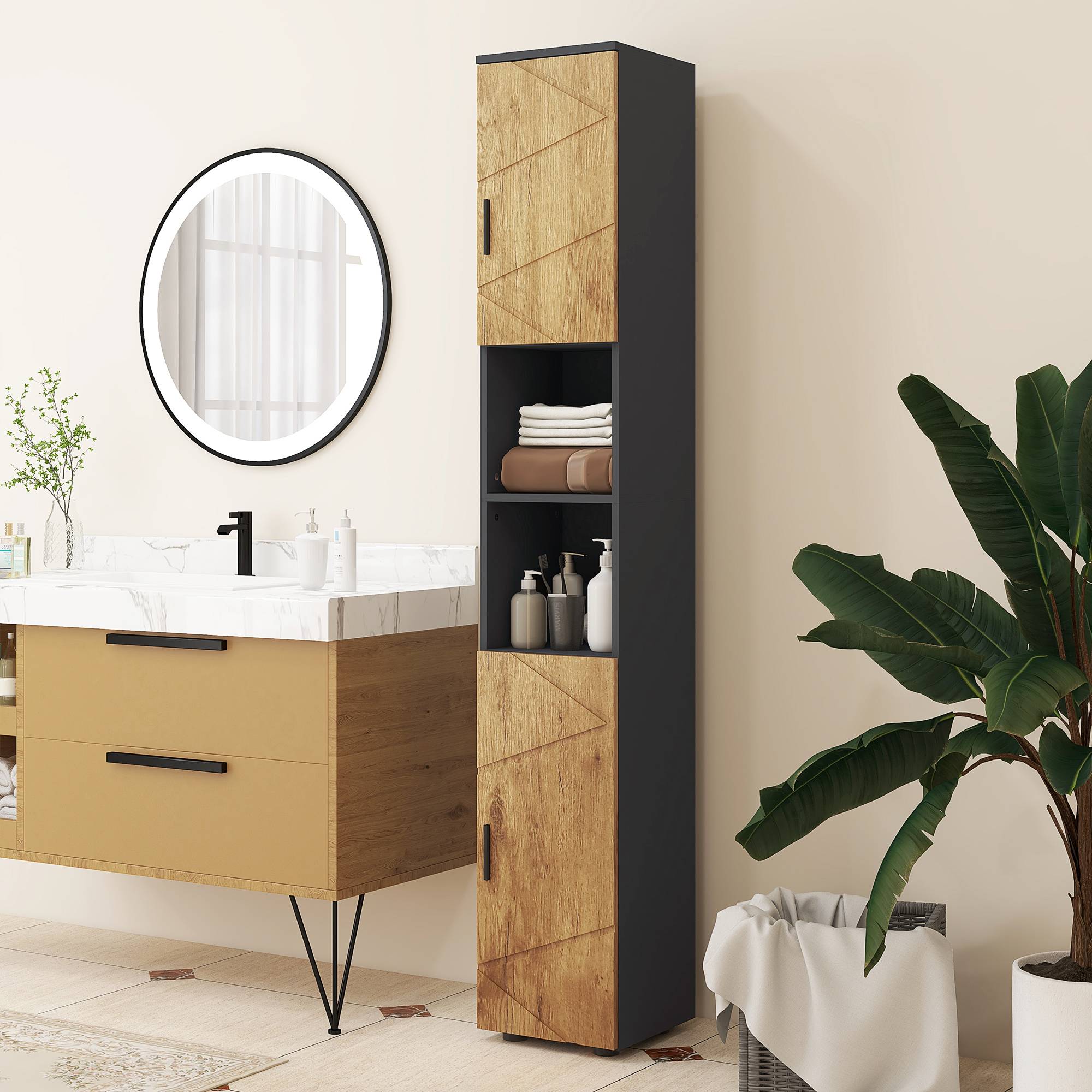 Sans Marque - Meuble colonne armoire rangement salle de bain 2 portes étagère réglable 2 niches 30 x 30 x 183 cm chêne gris foncé - Image 4